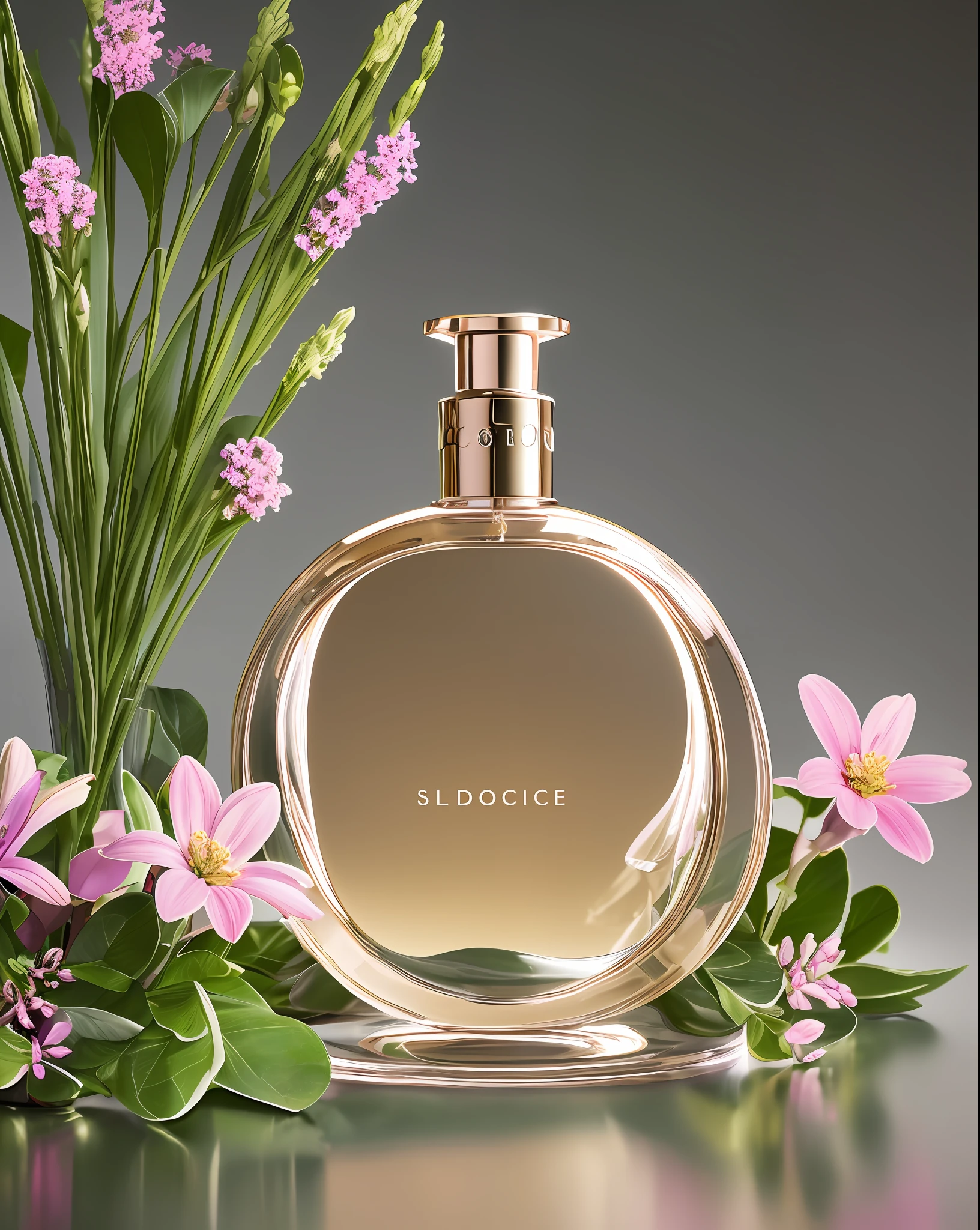 Product photography of a perfume bottle arranged with plants and flowers, realistic, light background, realistic rendering --v 6