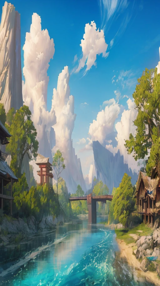 ConceptArt, nobody, landscape, water, sky, day, tree, cloud, waterfall, outdoors, architecture, nature, river, blue sky