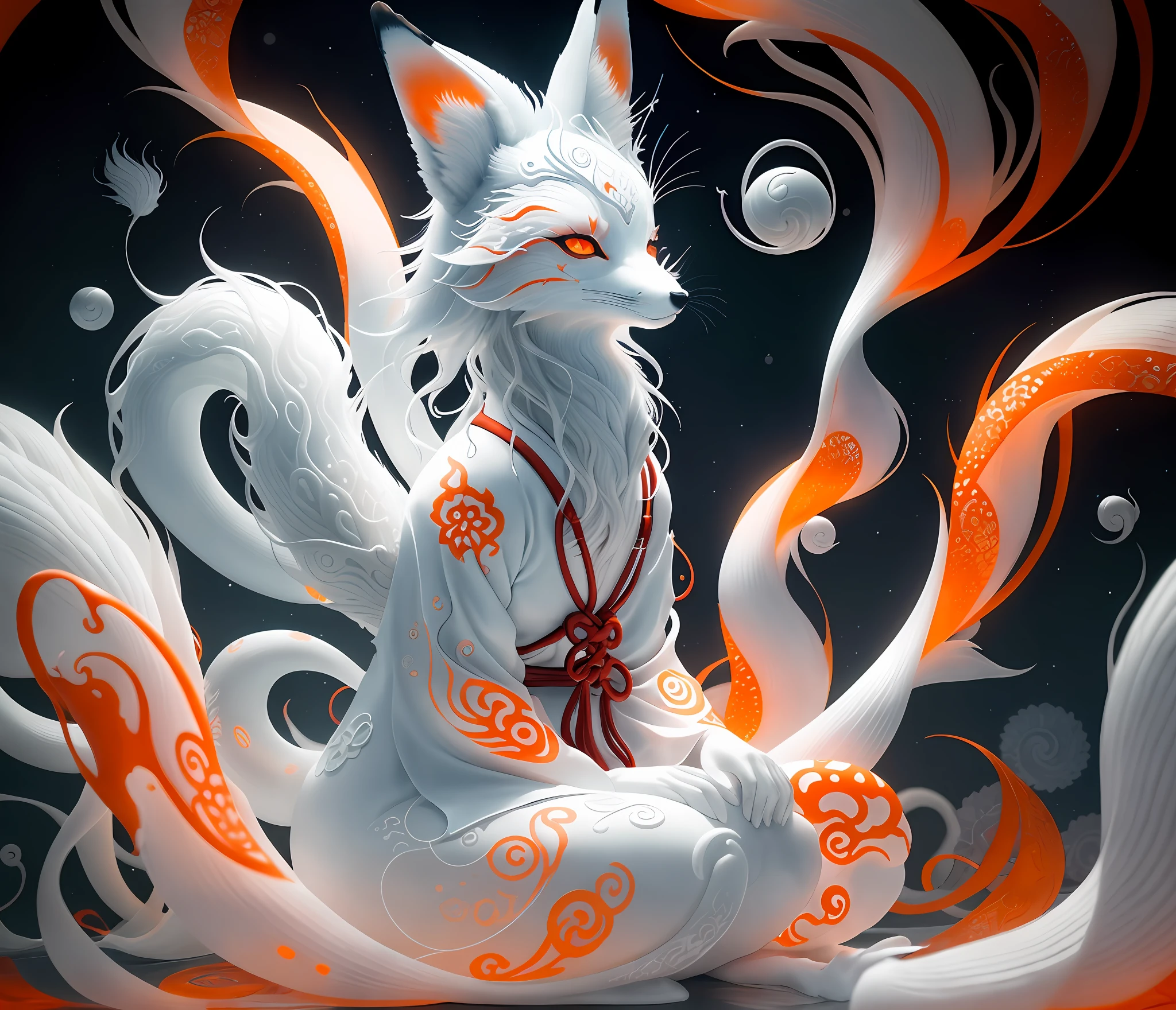 Close-up of a fox with nine tails, nine tails, nine tails, chtulhu, inspired by Sugimura Jihei, delicate and fine. tentacles, white alien squid, ghostly form, inspired by Sōami, jormungand, mystical creatures, &quot;phoenix wallpaper&quot;