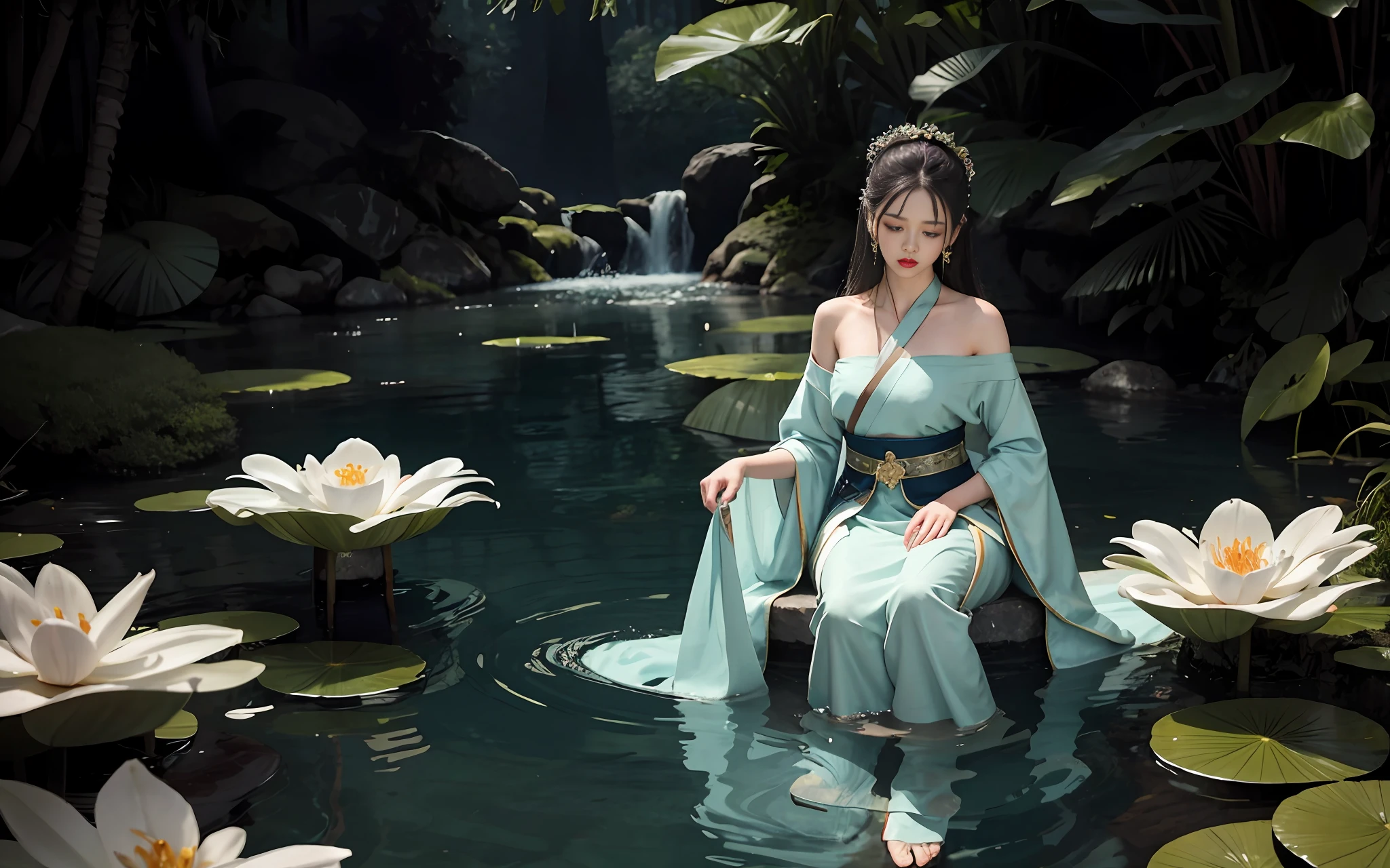 Dark green Hanfu, a woman, cool, fair skin, sea of flowers, pond, lily, clavicle, eyes closed, half submerged in water, dark background, moonlight, hairpin, jade pendant, Hanfu, delicate face, hair accessories, Red lips, skirt, belt, jewelry, long hair, earrings, , Hanfu, the best quality, silky hair, perfect body proportions, wet, slender legs, clenched hands