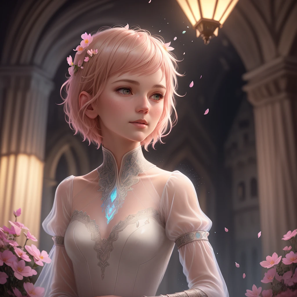 Thin caucasian woman alone, pink blonde short medium hair, raining under castle flower wall, looking up to sky, flower petals falling, falling in hair, ultra detailed painting, glowing, bar lighting, intricate 4k resolution concept art portrait , by Greg Rutkowski, Artgerm, WLOP, Alphonse Mucha, Fractal Isometric Details of Bioluminescence: A 30 Years of Stunning Photorealism