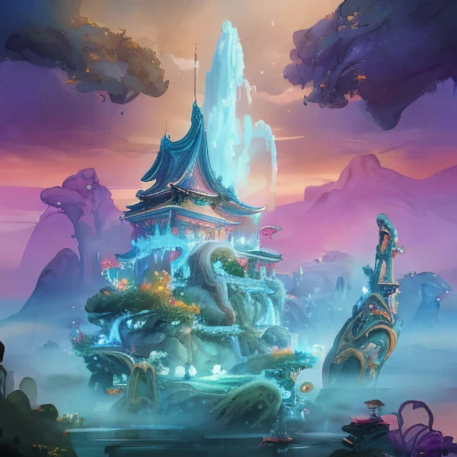 Generate an image of an ancient Chinese palace located high above the clouds, shrouded in mist and surrounded by a majestic landscape. The palace should be adorned with glazed tiles, Buddha statues, lanterns, and vibrant colors such as blue, green, red, and gold. The image should include hot springs, lotus flowers, and splashing water, as well as elements of color and splash ink to add to the dreamy ambiance. The final image should be a masterpiece, with high-quality graphics and intricate details that transport the viewer to a world of wonder and magic