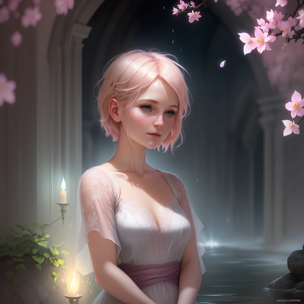 Thin caucasian 30 years old female, alone, pink blonde medium short hair, in castle, under flower wall, drenched in rain, looking up to sky, flower petals falling, fall in hair, ultra detailed painting, glowing, bar lighting, complex 4k resolution Rate Concept Art Portrait by Greg Rutkowski, Artgerm, WLOP, Alphonse Mucha, Bioluminescent Fractal Isometric Detail: A 30-Year-Old Stunningly Realistic Photo
