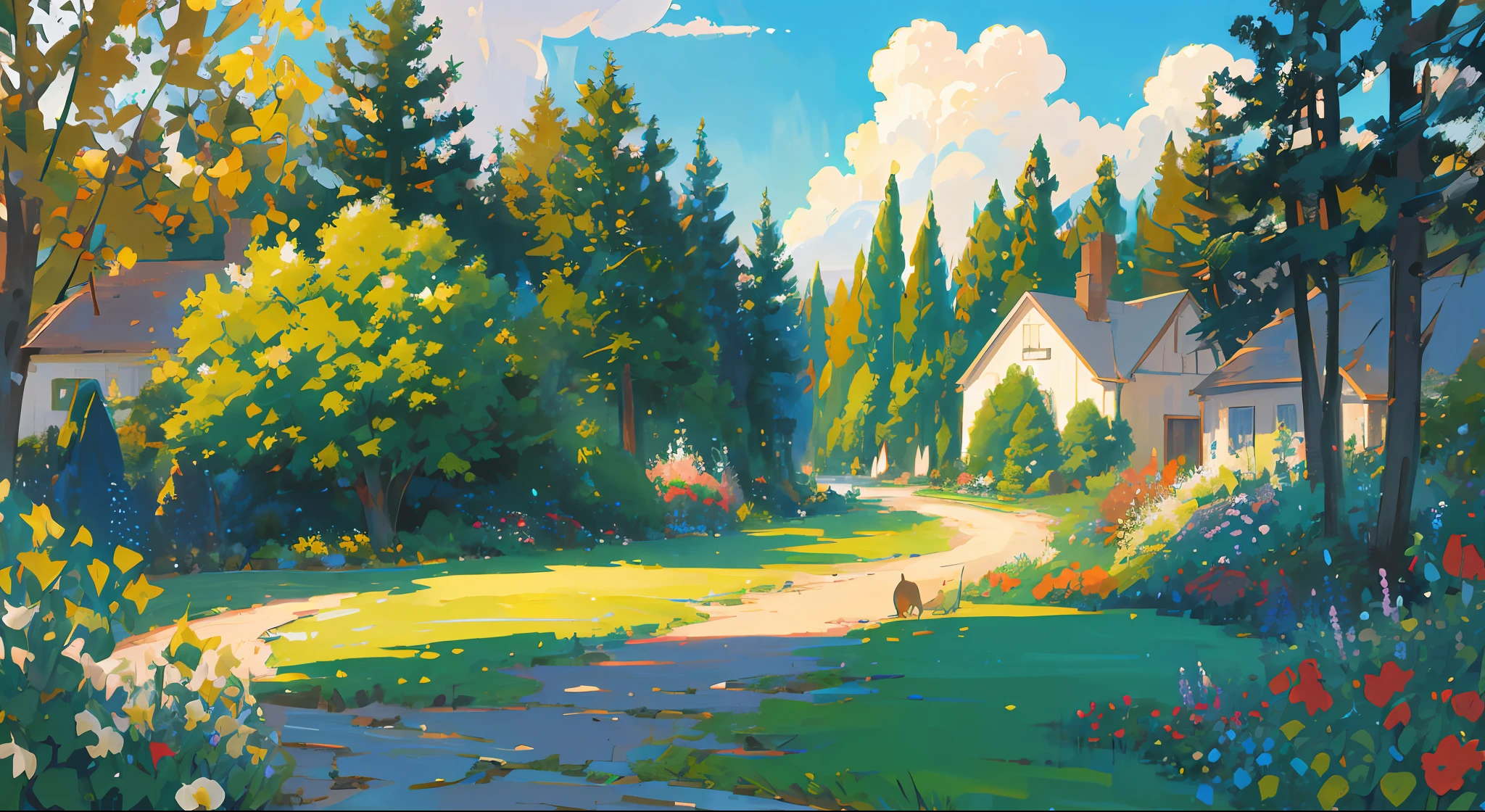 Masterpiece, best quality, official art, extremely detailed CG unity 8k wallpaper, outdoors, animals, spring \(seasons\), cloudy sky, studio ghibli, garden, village,