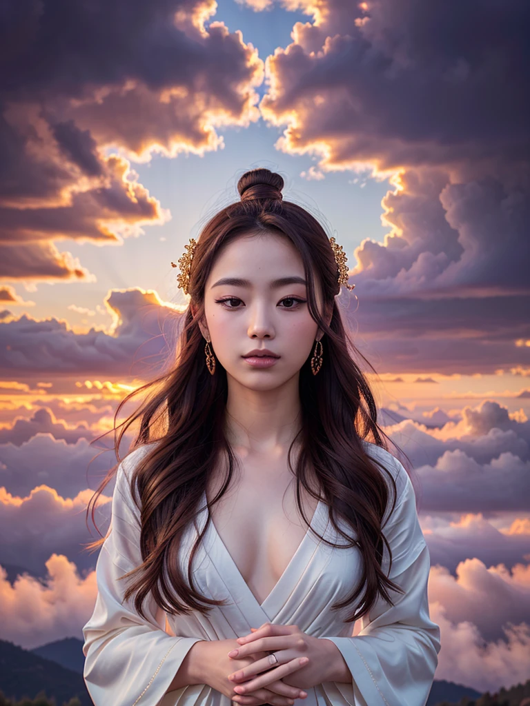 Spectacular masterpiece, high quality, ultra-detailed, CG unity 8k resolution wallpaper. Delicately beautiful and elegant, floating in mid-air with a sacred and divine aura. The focus is on "千手观音", a majestic and graceful figure with numerous arms and serene eyes. Dynamic angle and pose, capturing the essence of strength and beauty. Her hair flowing in the wind, with rich shades of gold and violet. In the background, a celestial realm of clouds and mist, creating a serene and heavenly atmosphere.