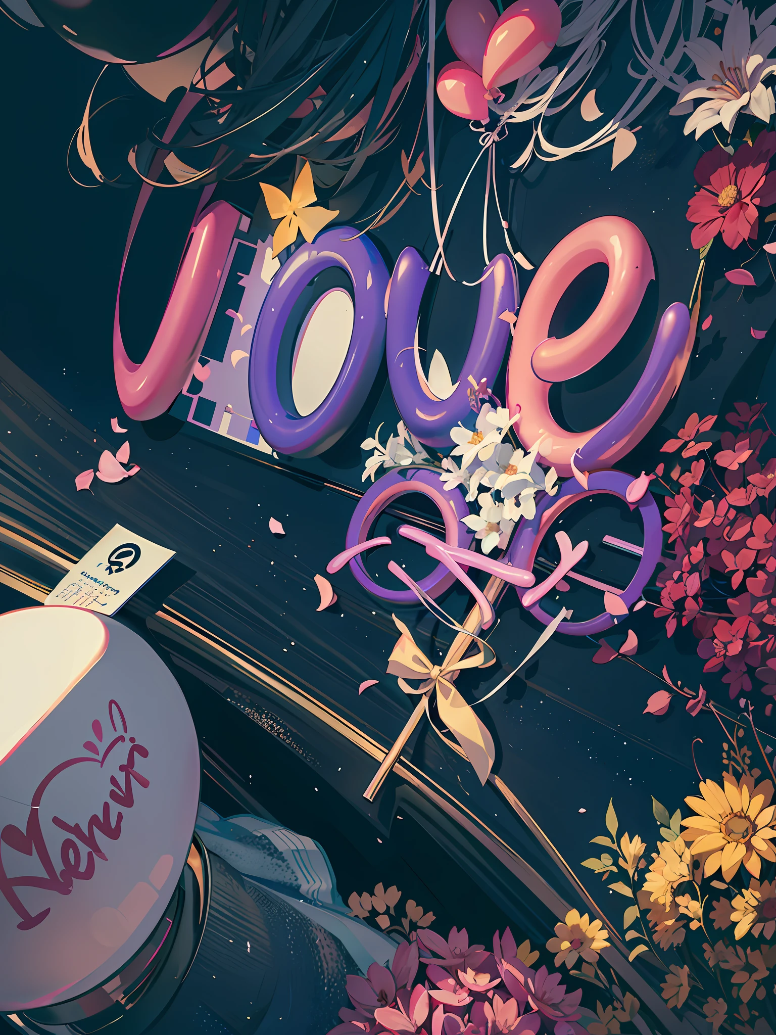 love poster, hyper-realistic scene, romantic and sweet atmosphere, flowers, love balloons, bows, streamers, bright colors, blender, product rendering, HD 8K. --v6.