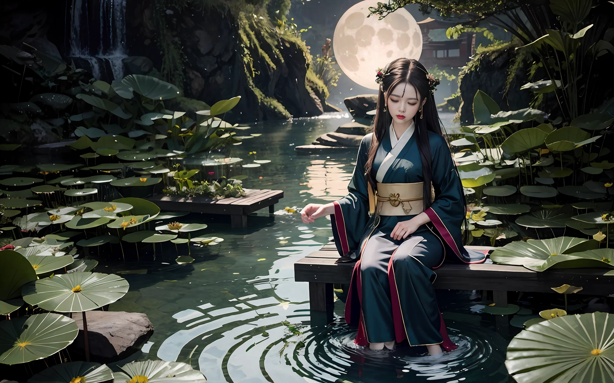 Dark green Hanfu, a woman, cool, fair skin, sea of flowers, pond, petals floating on the water, lily, clavicle, eyes closed, half submerged in water, dark background, moonlight, hairpin, jade pendant, Hanfu, exquisite face, hair accessories, red lips, skirt, belt, jewelry, long hair, earrings, , Hanfu, best quality, silky hair, perfect body proportions, wet, slender legs,