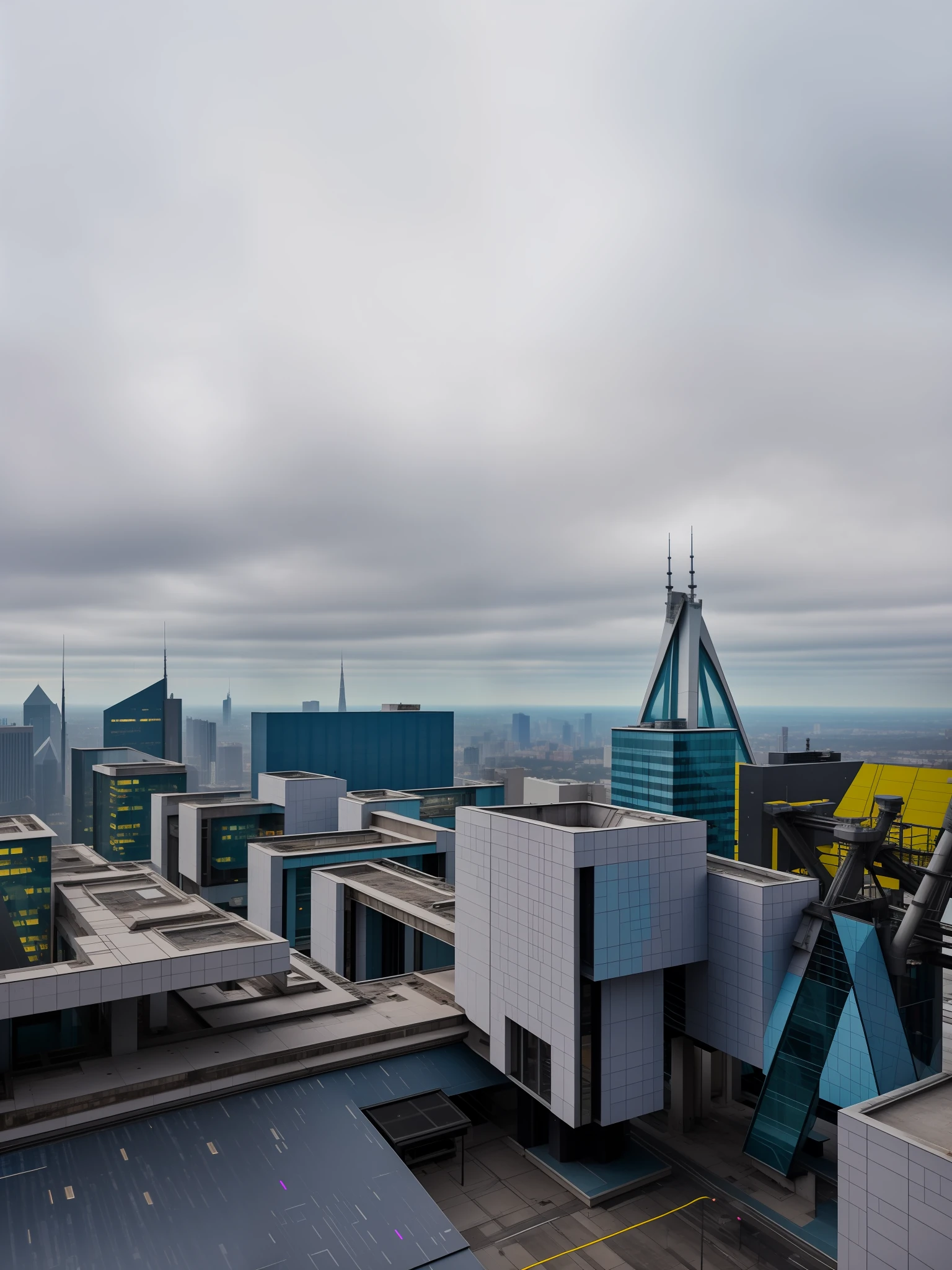 Photo of cyberpunk architecture unfocused in blue pink gray realistic view from the top, above it, side view,