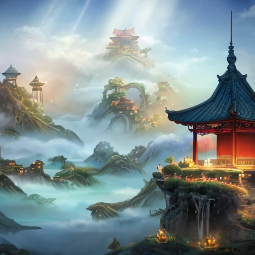 Generate an image of an ancient Chinese palace located high above the clouds, shrouded in mist and surrounded by a majestic landscape. The palace should be adorned with glazed tiles, Buddha statues, lanterns, and vibrant colors such as blue, green, red, and gold. The image should include hot springs, lotus flowers, and splashing water, as well as elements of color and splash ink to add to the dreamy ambiance. The final image should be a masterpiece, with high-quality graphics and intricate details that transport the viewer to a world of wonder and magic