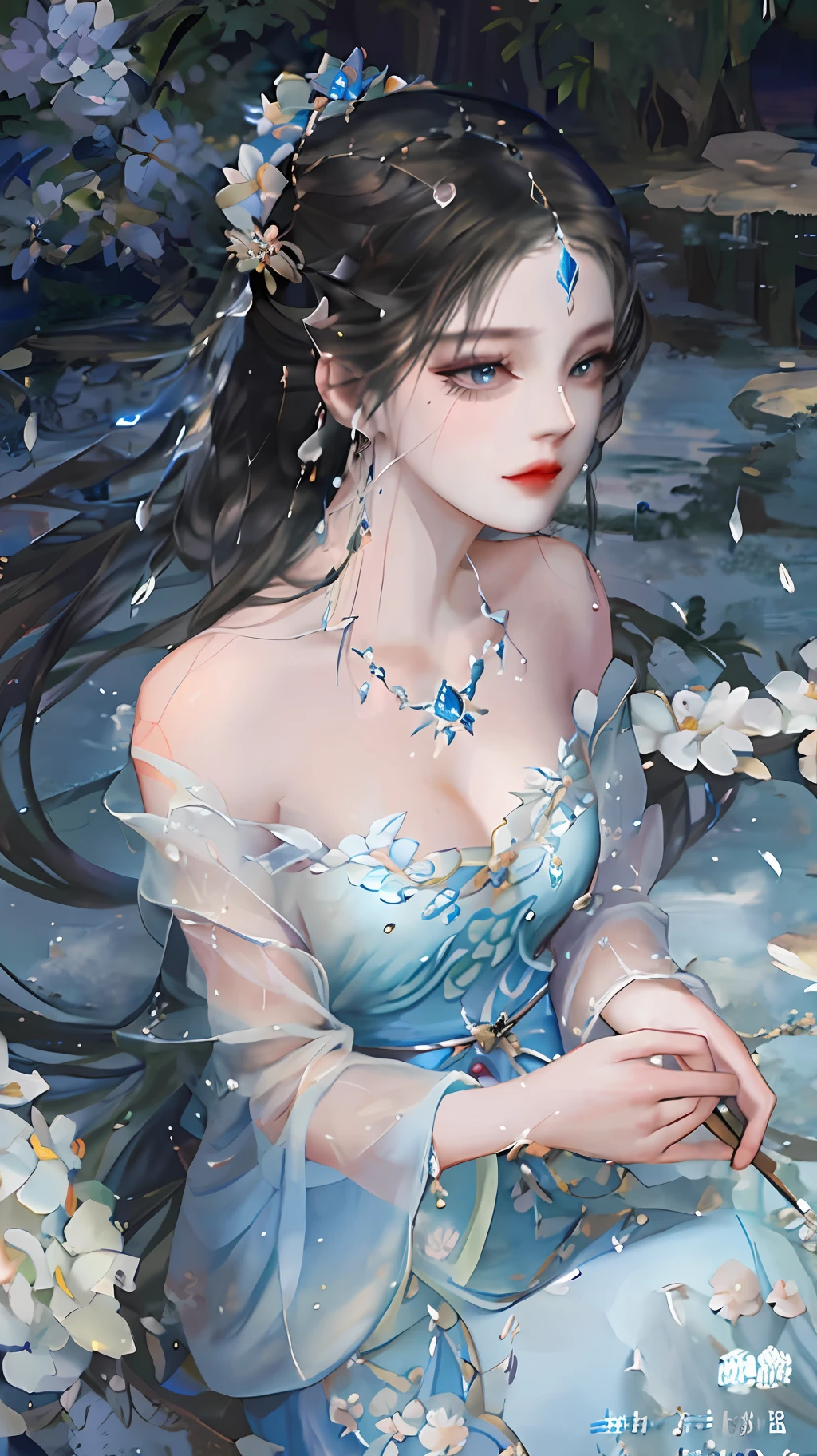 painting of a woman in a blue dress in a pond of water, beautiful character painting, ((a beautiful fantasy empress)), in the art style of bowater, closeup fantasy with water magic, artwork in the style of guweiz, inspired by Chen Yifei, ethereal beauty, a beautiful fantasy empress, inspired by Zhang Yan, palace ， a girl in hanfu