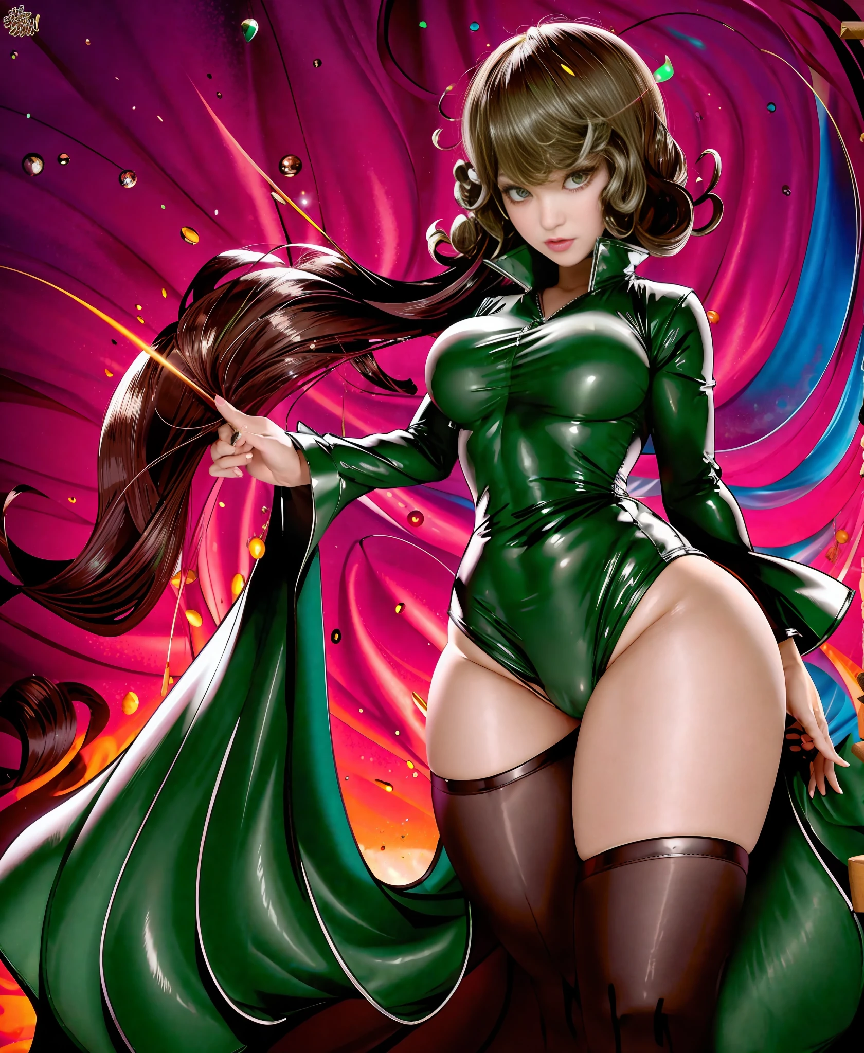 Green hair, green hair, green hair. Plump thighs, clamping thighs, hands stretched upwards, face and body facing the audience, slender waist, tornado, flat chest, black skirt, pelvic curtain (tatsumaki: 1.5), girl trasparent black latex dress, long sleeves, thick thighs, Wide hips, green light, pot curtain, green halo, see-through clothing, no, cameltoe, 1girl, Chen Juan, green hair, green eyes, dress, solo, black dress, big breasts, small breasts, thighs, curly hair, belly button covered