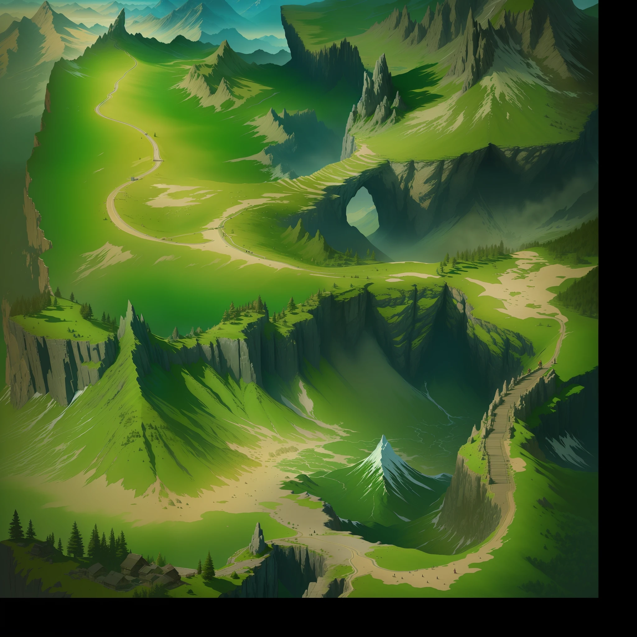 closeup of mountain and road painting, detailed game art, super detailed game art, detailed game art illustration, drawn as game concept art, game map mask painting, detailed digital 2d fantasy art, detailed landscape, intricate detail In Environment, Detailed Landscape - Width 672, Mountains, Detailed Landscape Art, Mountain Road Closeup, Road, Clear Road, Flat Road, Game Map, Legendary Style