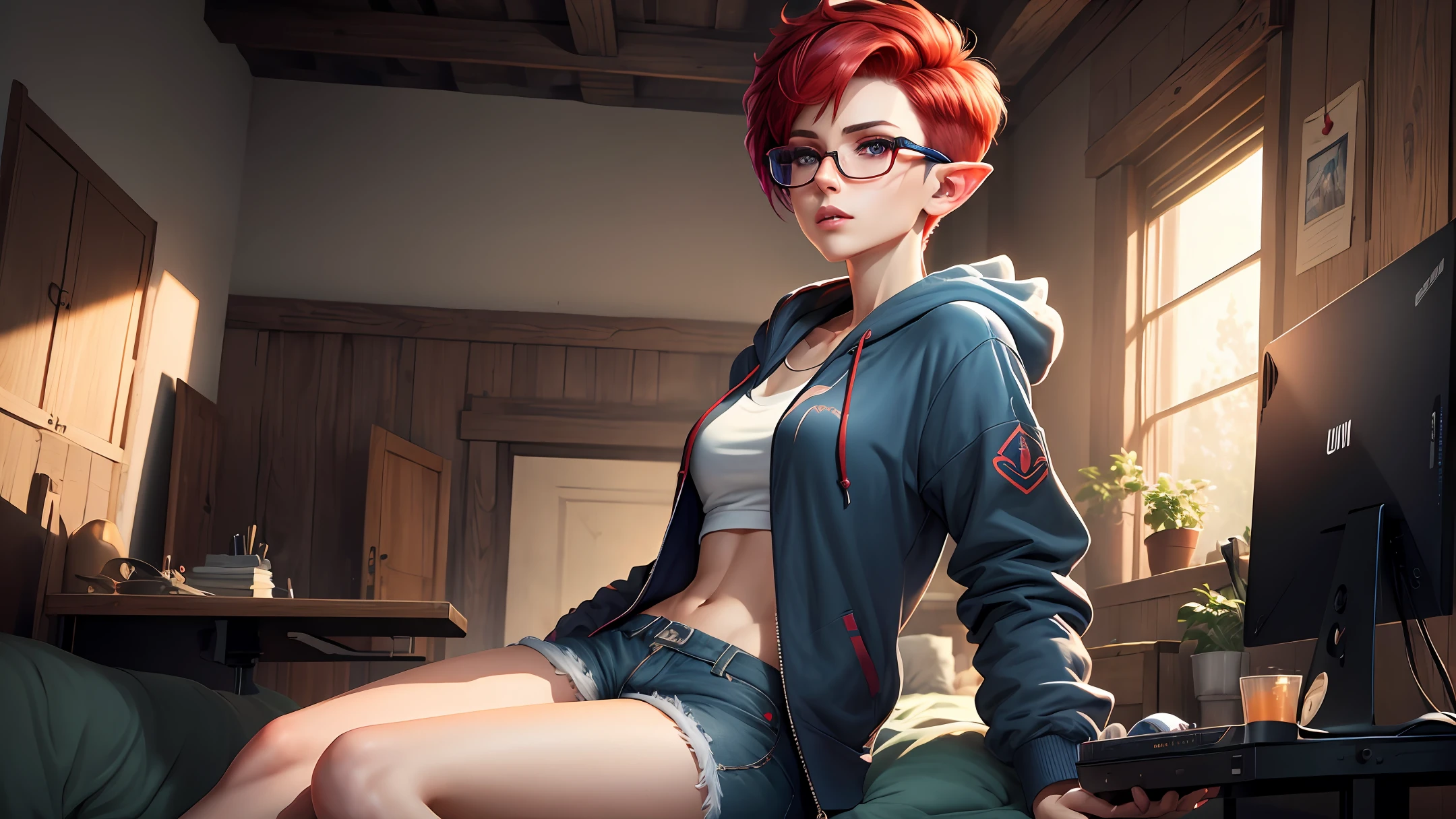 (((Masterpiece))), best quality, ultra-detailed CG unity 8k wallpaper, androgynous female, short red pixie cut hair, blue eyes, black glasses, elf ears, hoodie, shorts, laying in bed, playing video games