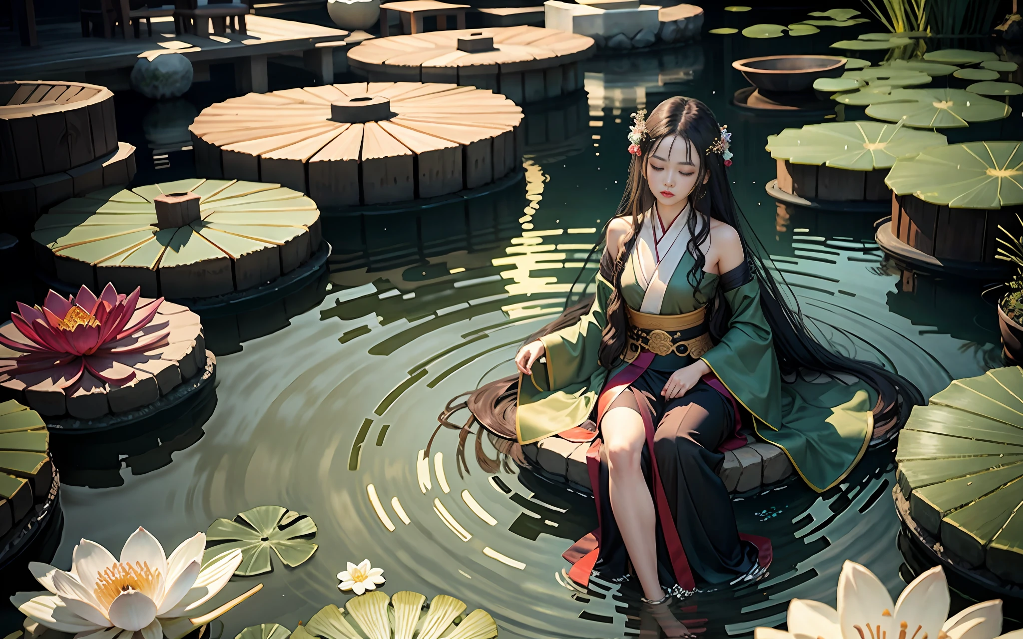 Dark green Hanfu, a woman, cool, fair skin, sea of flowers, pond, lily, clavicle, eyes closed, half submerged in water, dark background, moonlight, hairpin, jade pendant, Hanfu, delicate face, hair accessories, Red lips, skirt, belt, jewelry, long hair, earrings, , Hanfu, best quality, silky hair, perfect body proportions, wet, slender legs, bright lights