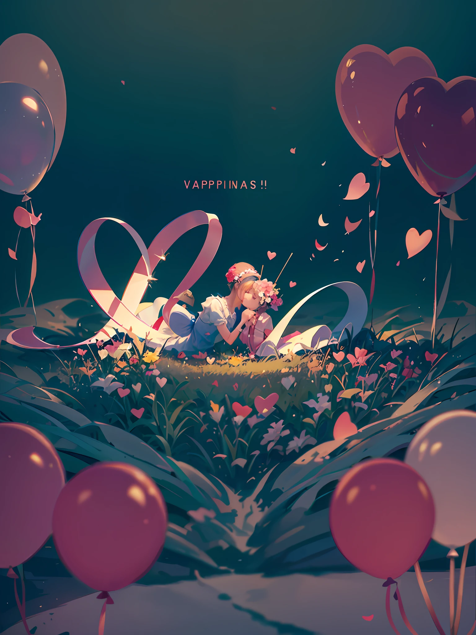 Valentine&#39;s Day poster, hyper realistic scene, romantic atmosphere, flowers, love balloons, bright colors, blender, product rendering, HD 8K. --v6.