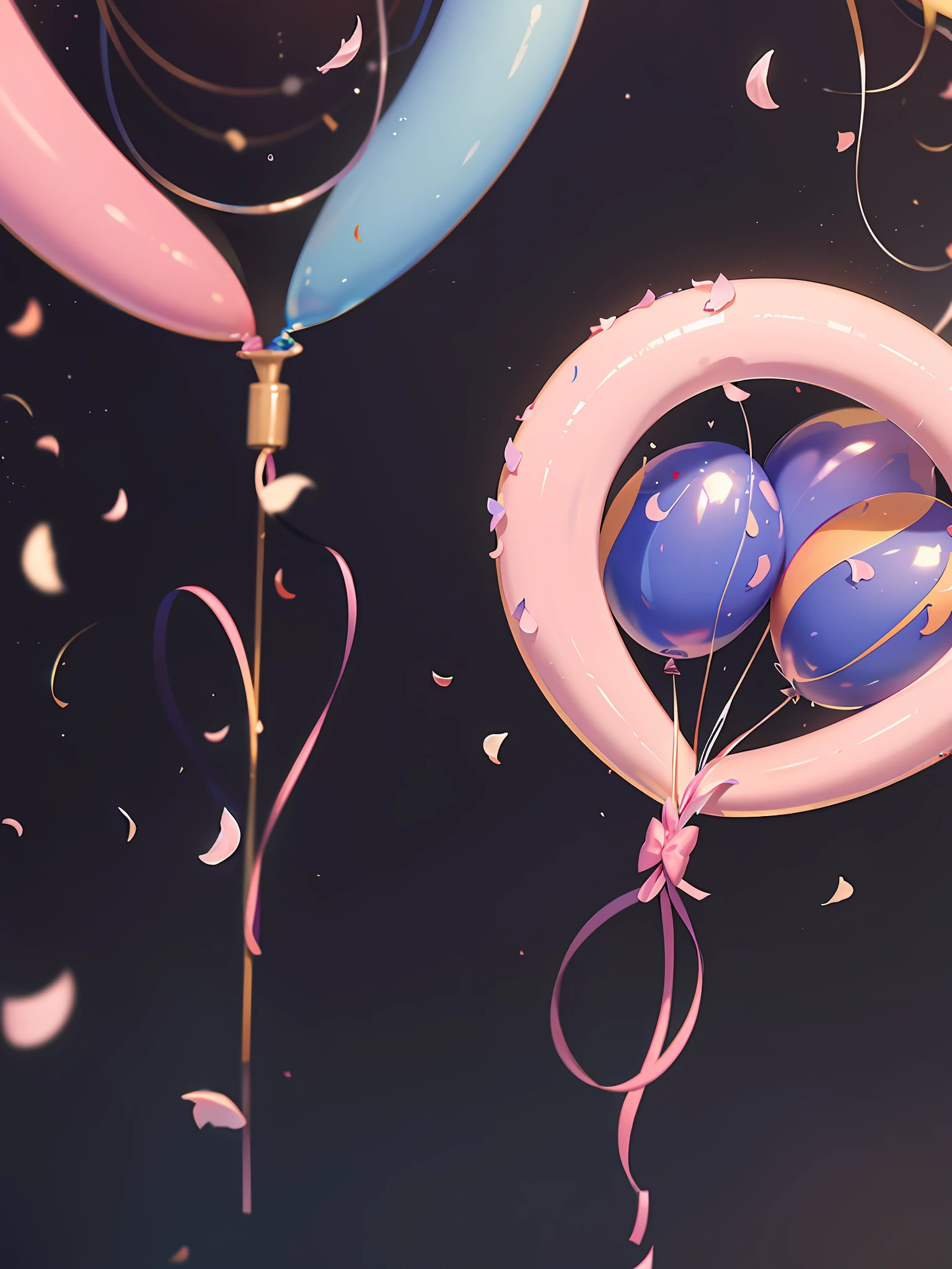 love poster, (no people), hyper-realistic scene, romantic atmosphere, flowers, love balloons, petals, streamers, vibrant colors, blender, product rendering, HD 8K. --v6.