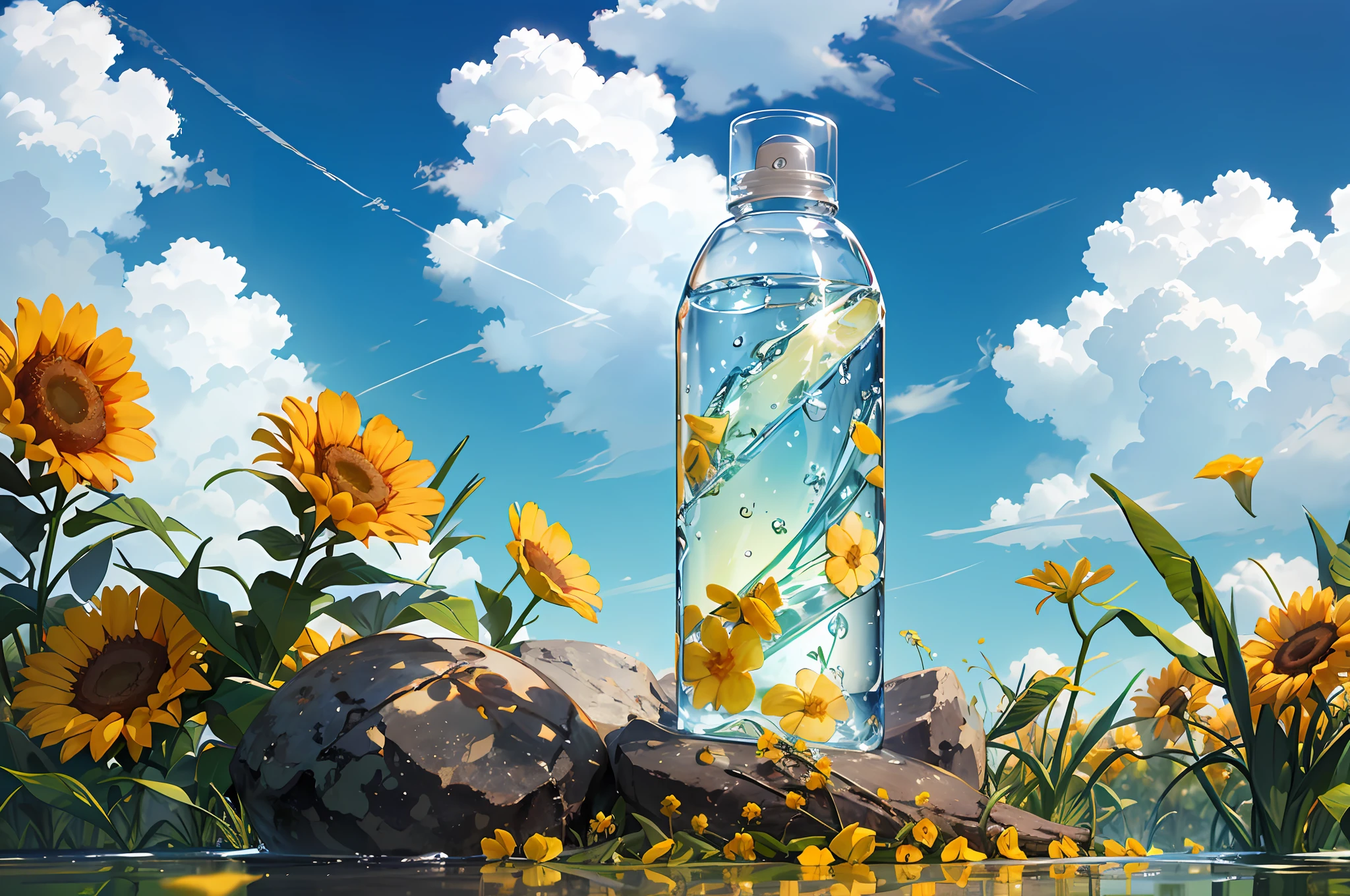 Hyper realistic scene, cosmetic bottle surrounded by yellow flowers, blue sky background, water, sunlight, low angle view, blender, product rendering, HD 8K. --v6