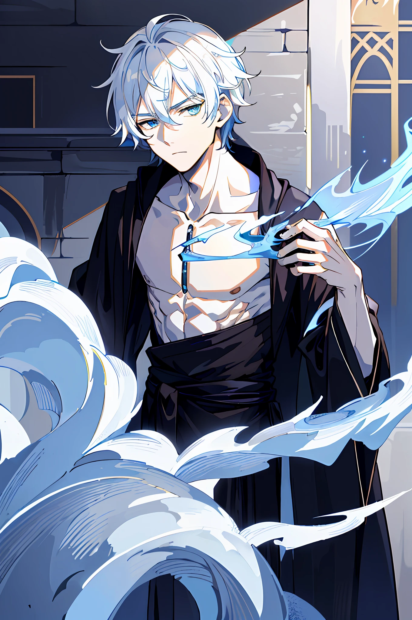 Fine, (Best Illustration), 8k Resolution, Intricate Details, Best Quality, Realistic, Ultra Detailed, Best Lighting, Best Shadows, Ultra HD, ((((Handsome Young Man))), ((teenage :1.5)), (luminous blue eyes), ((light eyes)), ((((short white hair: 1.1))), ((black clothes)), (prince\\(indifferent expression\\) ,, (((Wears high detail luxurious black robe))), white hair, ((blue skin)), (chest) --v 6