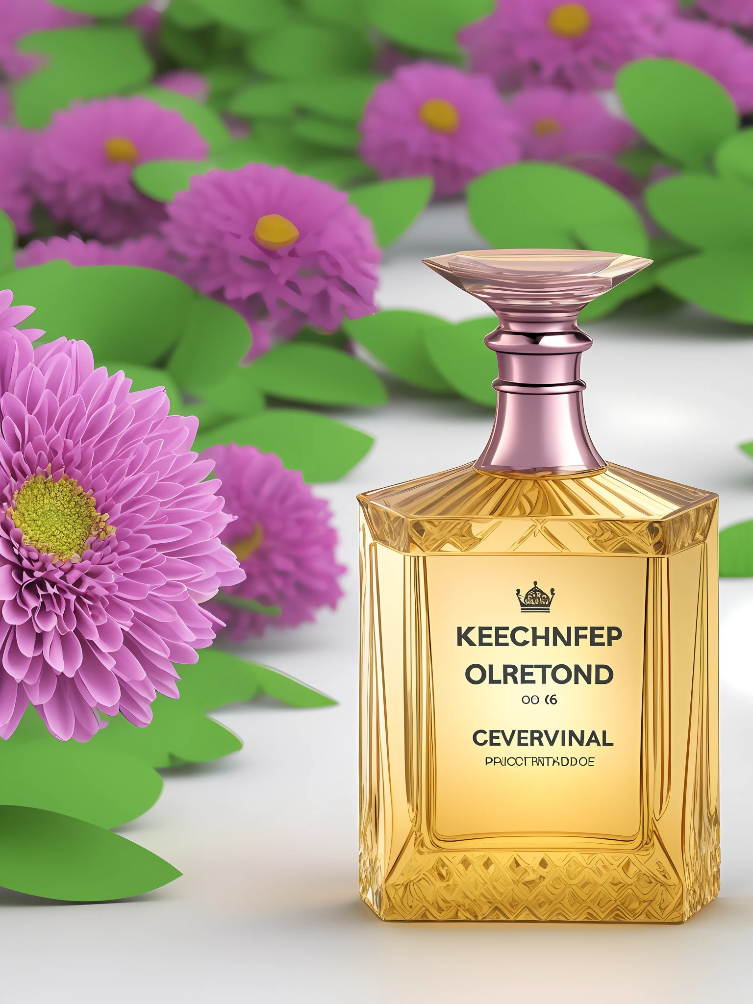 Keep the original appearance of the bottle, generate a beautiful background atmosphere, beautiful flowers, forest background, Product photography of a perfume bottle arranged with plants and flowers, realistic, light background, realistic rendering --v 6