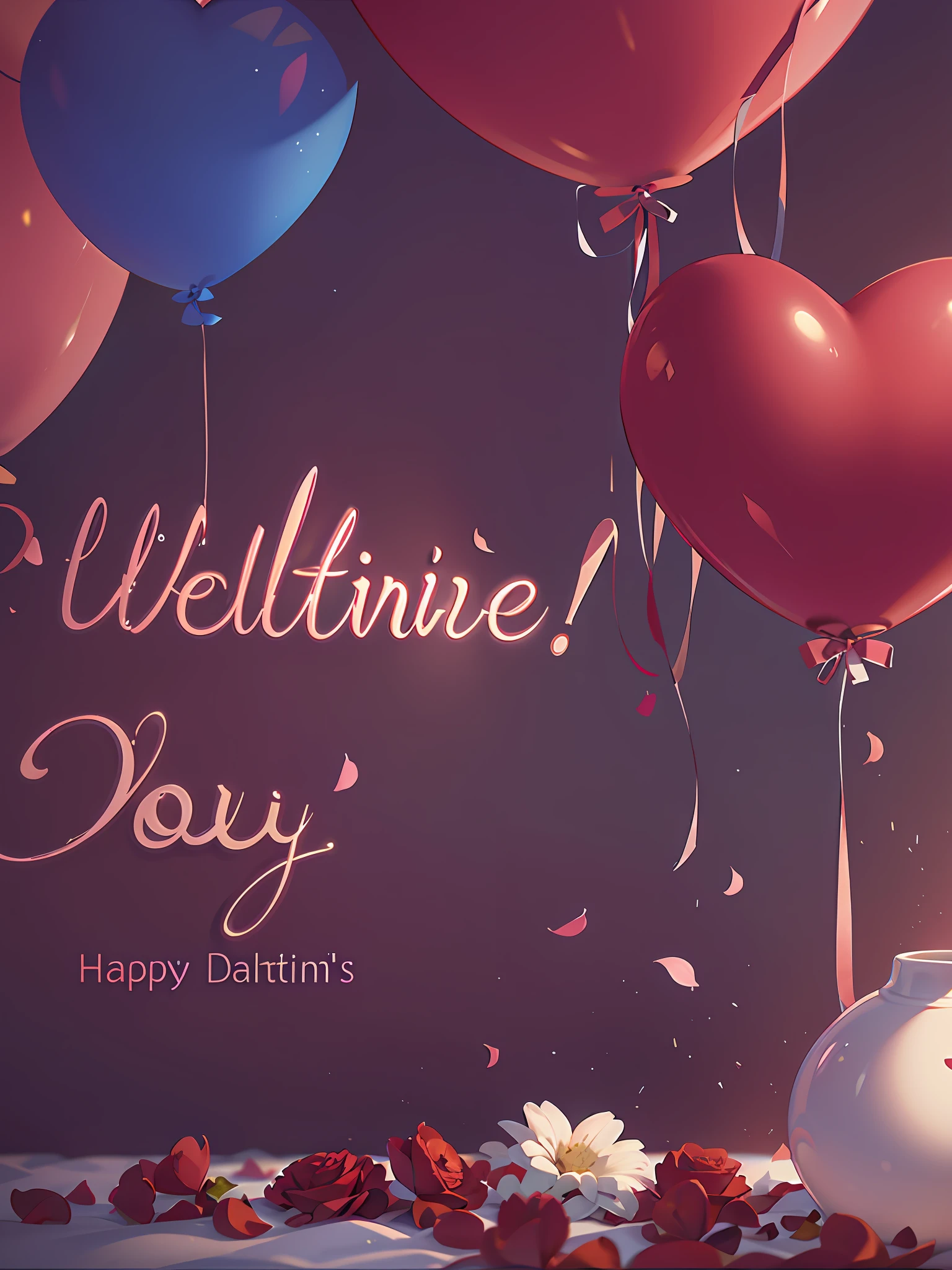 Valentine's Day poster, ultra-realistic scene, romantic and sweet atmosphere, flowers, love balloons,, blender, product rendering, HD 8K. --v6.