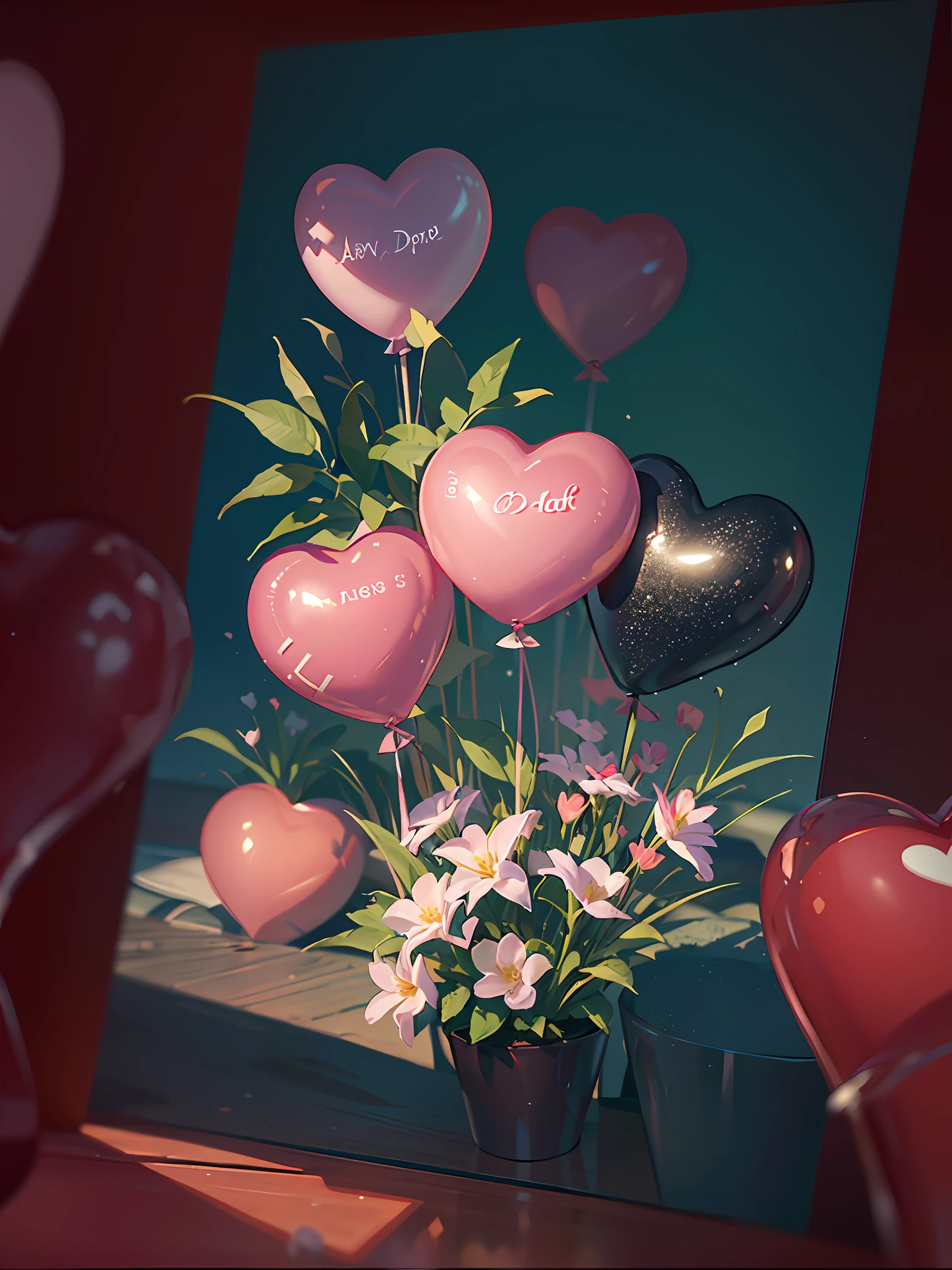 Valentine's Day poster, ultra-realistic scene, romantic and sweet atmosphere, flowers, love balloons,, blender, product rendering, HD 8K. --v6.