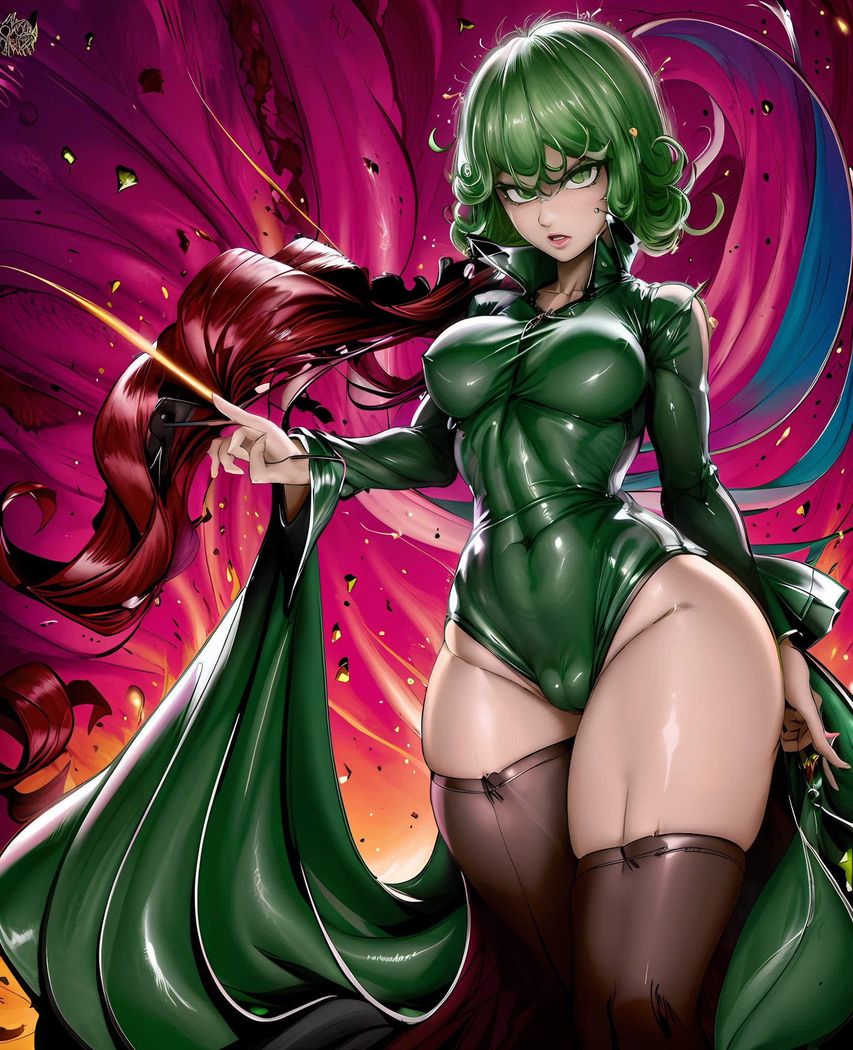 Green hair, green hair, green hair. Plump thighs, clamping thighs, hands stretched upwards, face and body facing the audience, slender waist, tornado, flat chest, black skirt, pelvic curtain (tatsumaki: 1.5), girl trasparent black latex dress, long sleeves, thick thighs, Wide hips, green light, pot curtain, green halo, see-through clothing, no, cameltoe, 1girl, Chen Juan, green hair, green eyes, dress, solo, black dress, big breasts, small breasts, thighs, curly hair, belly button covered