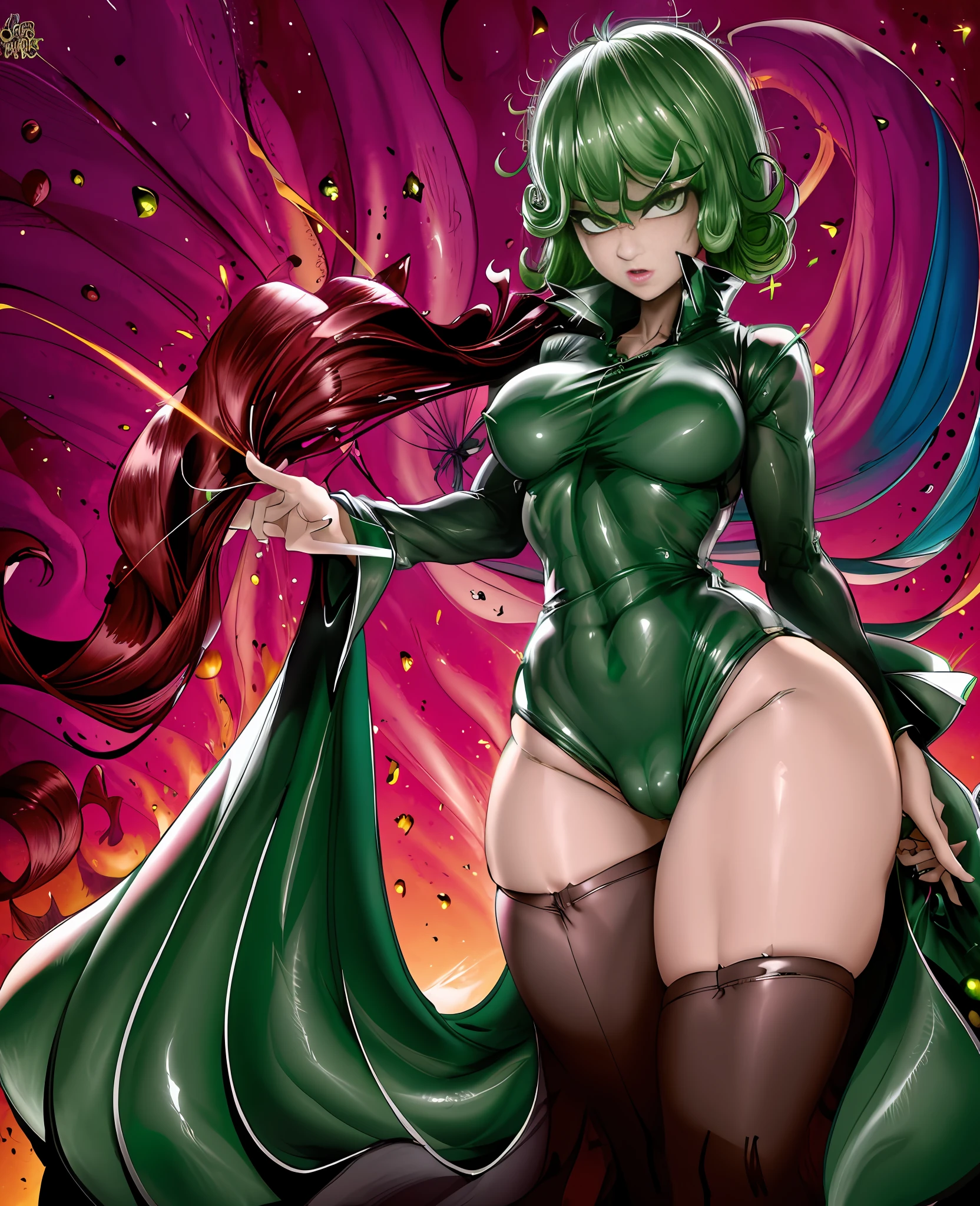 Green hair, green hair, green hair. Plump thighs, clamping thighs, hands stretched upwards, face and body facing the audience, slender waist, tornado, flat chest, black skirt, pelvic curtain (tatsumaki: 1.5), girl trasparent black latex dress, long sleeves, thick thighs, Wide hips, green light, pot curtain, green halo, see-through clothing, no, cameltoe, 1girl, Chen Juan, green hair, green eyes, dress, solo, black dress, big breasts, small breasts, thighs, curly hair, belly button covered