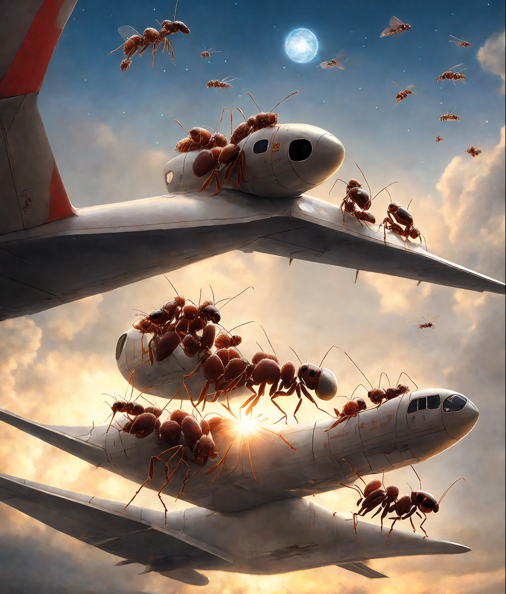 Depicts ants on the wing of an airplane with christmas gifts, backlight, light, very detailed, trending on artstation - V6
