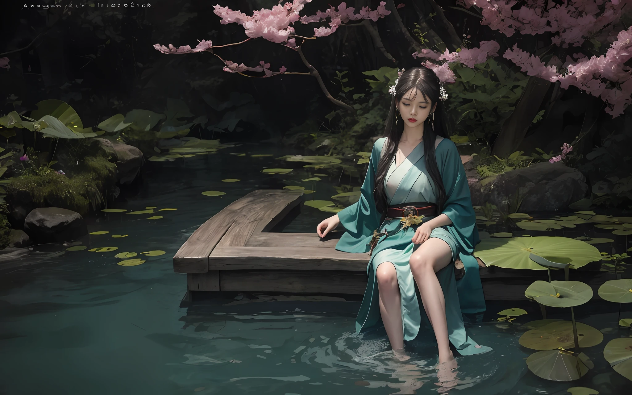 Dark green Hanfu, a woman, cool, fair skin, sea of flowers, pond, petals floating on the water, lily, clavicle, eyes closed, half submerged in water, dark background, moonlight, hairpin, jade pendant, Hanfu, delicate face, hair accessories, red lips, skirt, belt, jewelry, long hair, earrings, , hair strands, perfect body proportions, wet, slender legs, bridge