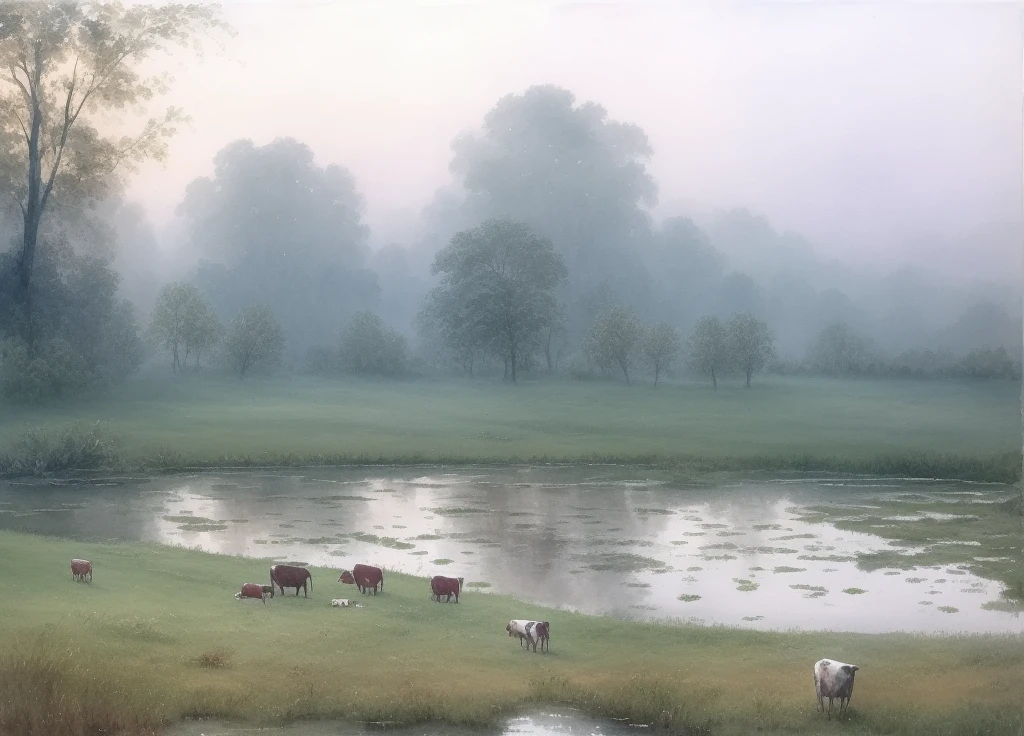 Watercolor, Watercolor, Joseph Zbukvic, Cows grazing in the distance, Field with a pond in the foreground, Tranquil landscape, Misty pond, Tranquil scene, Early morning, Tranquil scene, Early morning the river, chengjiasui, misty morning, szekely betalan. Atmospheric, Zou Zhe, by Gerard Soest