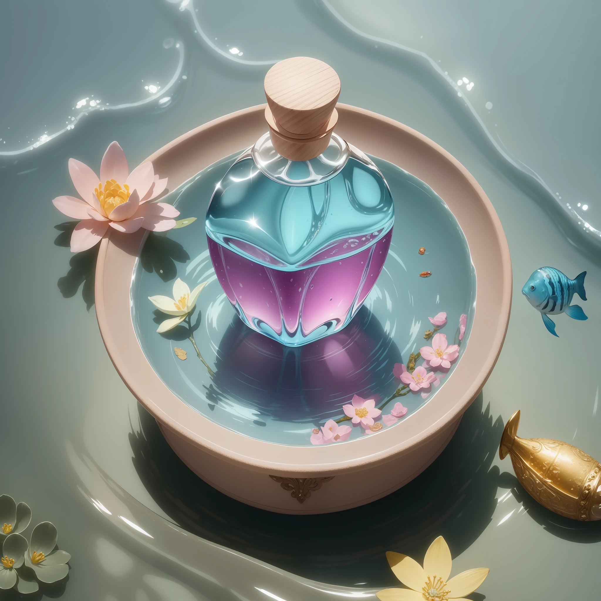 A fragrant perfume bottle, perfume dripping from the top, accompanied by 5 happy little fish playing in the water. The surrounding flowers (color rich gems: 1.3) are in full bloom, and the background is blurred and mysterious. This is an advertising photo of a gem-embellished item, full of detail, play of light and shadow, and beautifully packaged in a gorgeous box.