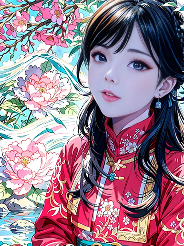 shuimobysim, (white background:1.4), ((tachi-e)), original,(illustration:1.1),(best quality),(masterpiece:1.1),(extremely detailed CG unity 8k wallpaper:1.1), (colorful:0.9),(panorama shot:1.4),(full body:1.05),(solo:1.2), (ink splashing),(color splashing),((watercolor)), clear sharp focus,{ 1girl standing },((chinese style )),(flowers,woods),outdoors,rocks, looking at viewer, make happy expressions,soft smile,pure,beautyfull detailed face and eyes,beautyfull intricacy clothing decorative pattern details, black hair,black eyes,