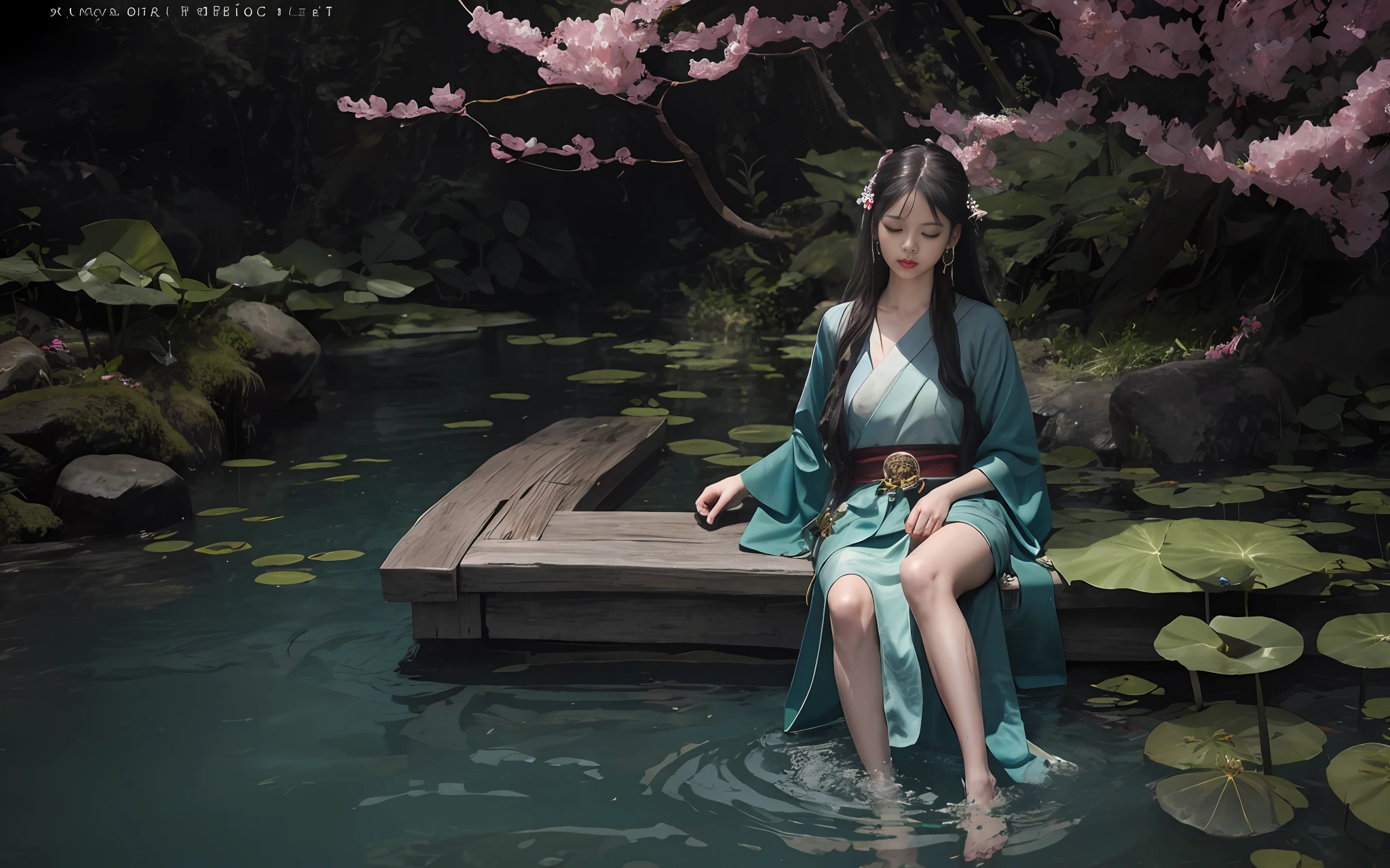 Dark green Hanfu, a woman, cool, fair skin, sea of flowers, pond, petals floating on the water, lily, clavicle, eyes closed, half submerged in water, dark background, moonlight, hairpin, jade pendant, Hanfu, delicate face, hair accessories, red lips, skirt, belt, jewelry, long hair, earrings, , hair strands, perfect body proportions, wet, slender legs, bridge