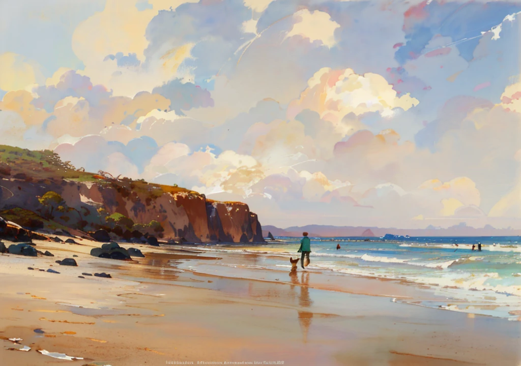 watercolor, Joseph Zbukvic, painting of a man walking on the beach with a dog, beach landscape, michael garmash and rob rey, William Bonnar, rhads watercolor, Vicente Juan Masip, Victor Wang, Victor Meirelles , Realistic Watercolor, Konrad Grob, Zheng Xie, Song Cai, Wu Hong, Yan Liben