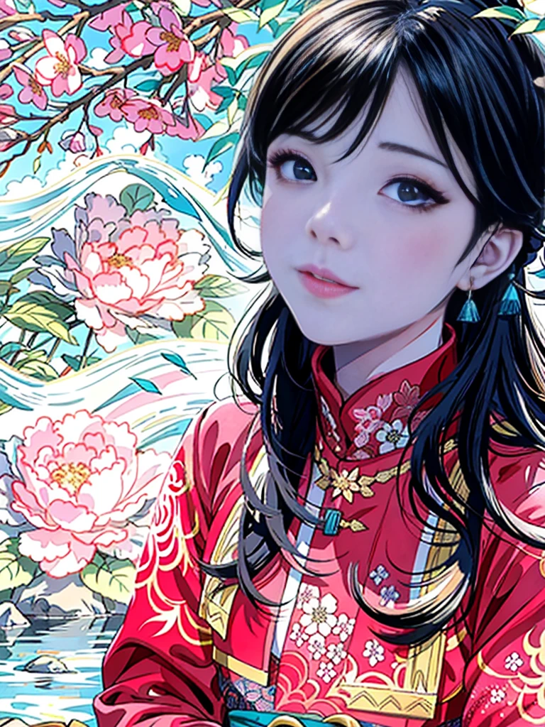 shuimobysim, (white background:1.4), ((tachi-e)), original,(illustration:1.1),(best quality),(masterpiece:1.1),(extremely detailed CG unity 8k wallpaper:1.1), (colorful:0.9),(panorama shot:1.4),(full body:1.05),(solo:1.2), (ink splashing),(color splashing),((watercolor)), clear sharp focus,{ 1girl standing },((chinese style )),(flowers,woods),outdoors,rocks, looking at viewer, make happy expressions,soft smile,pure,beautyfull detailed face and eyes,beautyfull intricacy clothing decorative pattern details, black hair,black eyes,