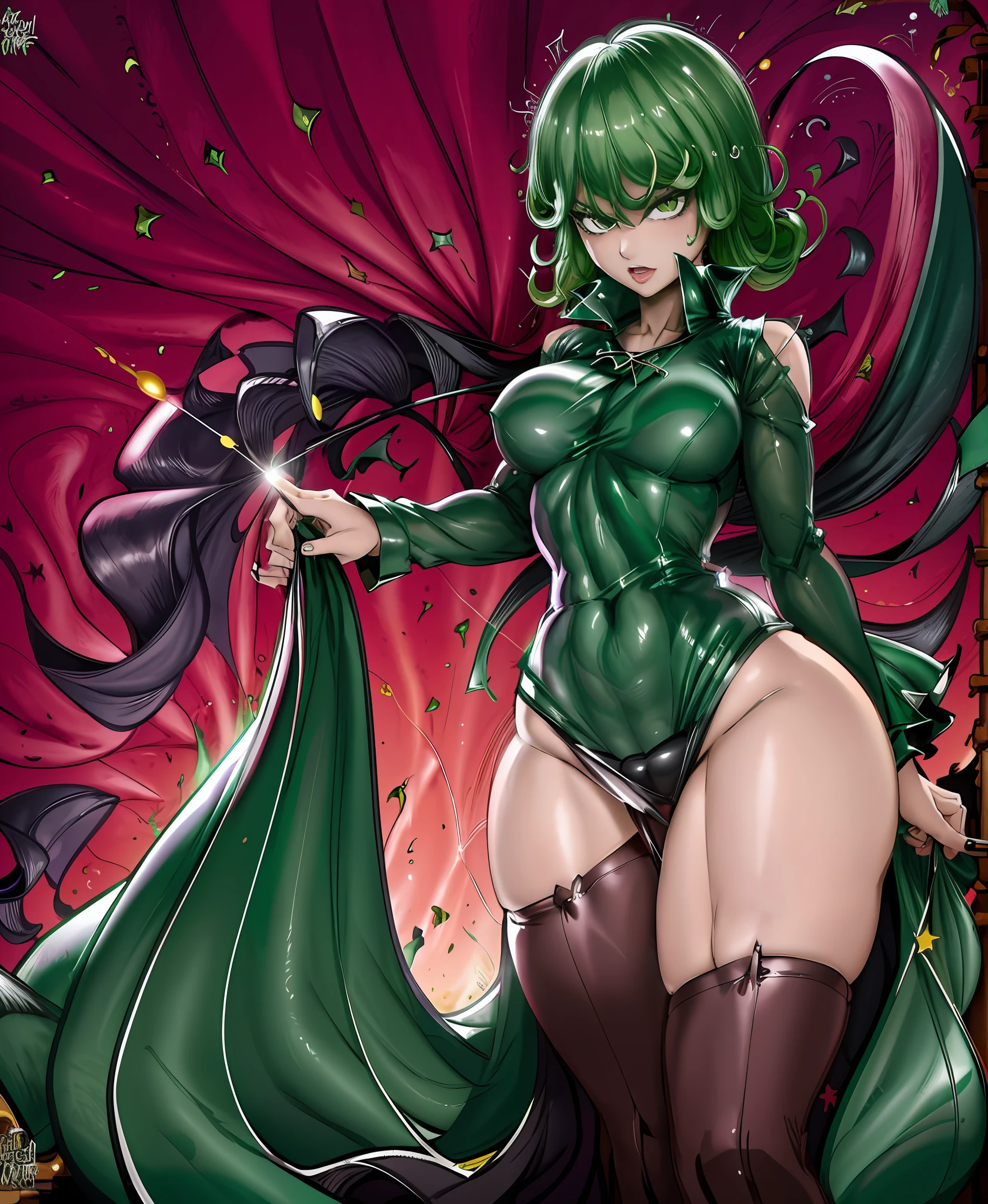 Green hair, green hair, green hair. Plump thighs, clamping thighs, hands stretched upwards, face and body facing the audience, slender waist, tornado, flat chest, black skirt, pelvic curtain (tatsumaki: 1.7), girl trasparent black latex dress, long sleeves, thick thighs, Wide hips, green light, pot curtain, green halo, see-through clothing, no, cameltoe, 1girl, Chen Juan, green hair, green eyes, dress, solo, black dress, big breasts, small breasts, thighs, curly hair, belly button covered