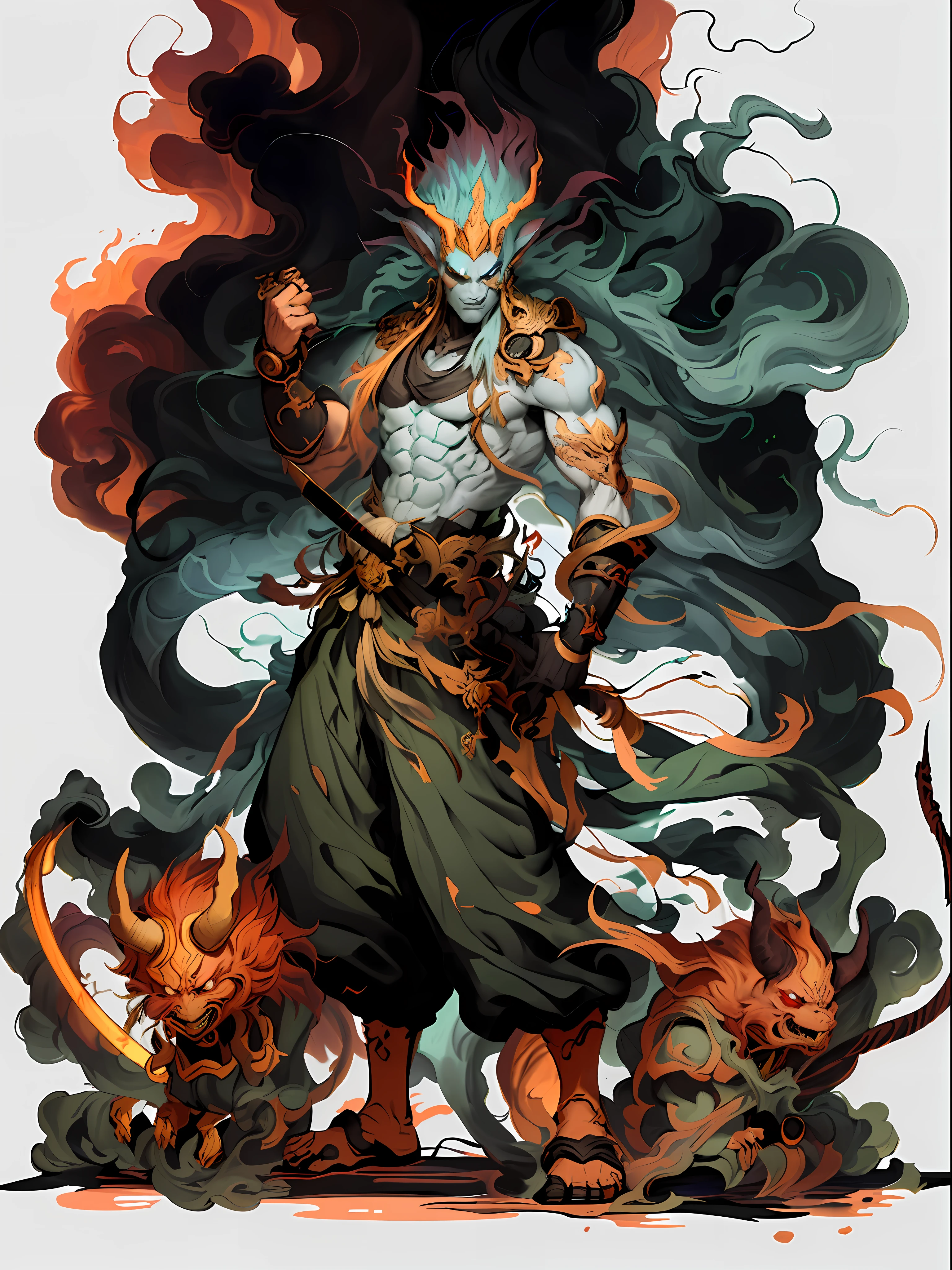 a drawing of a man with a sword and a demon, beautiful male god of death, mohrbacher, inspired by Shunkōsai Hokushū, in the art style of mohrbacher, asura from chinese myth, the god of chaos, inspired by Ryūkōsai Jokei, in style of peter mohrbacher