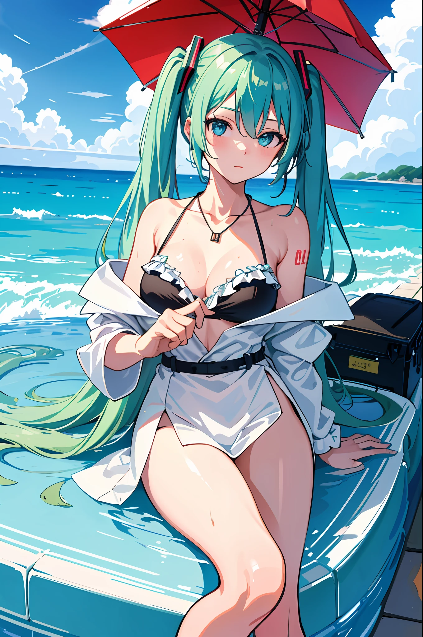 best quality, high resolution, distinct image, 1girl, hatsune miku, bikini, pool, wet, large breasts, rubber duck, umbrella