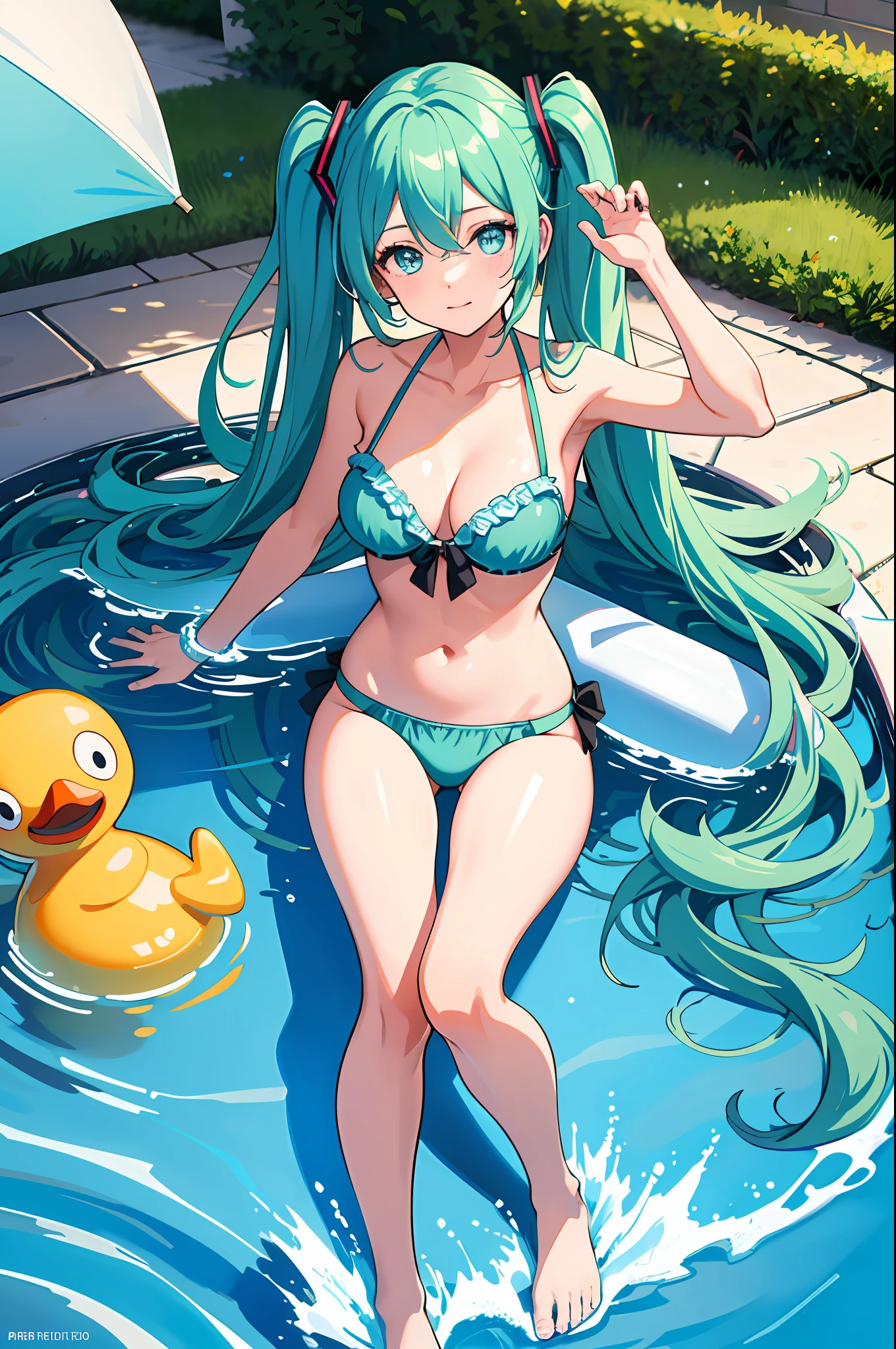 best quality, high resolution, distinct image, 1girl, hatsune miku, bikini, pool, wet, large breasts, rubber duck, umbrella