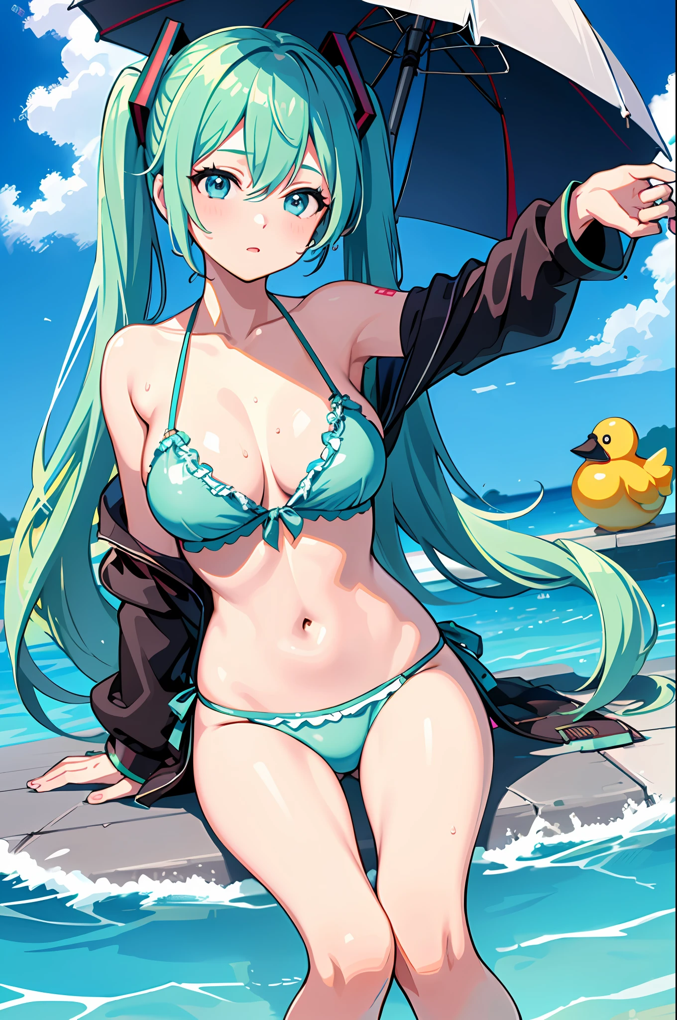 best quality, high resolution, distinct image, 1girl, hatsune miku, bikini, pool, wet, large breasts, rubber duck, umbrella