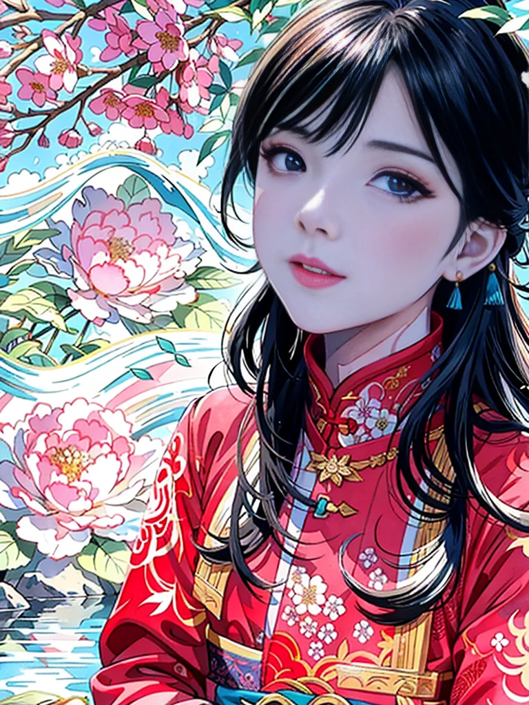 shuimobysim, (white background:1.4), ((tachi-e)), original,(illustration:1.1),(best quality),(masterpiece:1.1),(extremely detailed CG unity 8k wallpaper:1.1), (colorful:0.9),(panorama shot:1.4),(full body:1.05),(solo:1.2), (ink splashing),(color splashing),((watercolor)), clear sharp focus,{ 1girl standing },((chinese style )),(flowers,woods),outdoors,rocks, looking at viewer, make happy expressions,soft smile,pure,beautyfull detailed face and eyes,beautyfull intricacy clothing decorative pattern details, black hair,black eyes,
