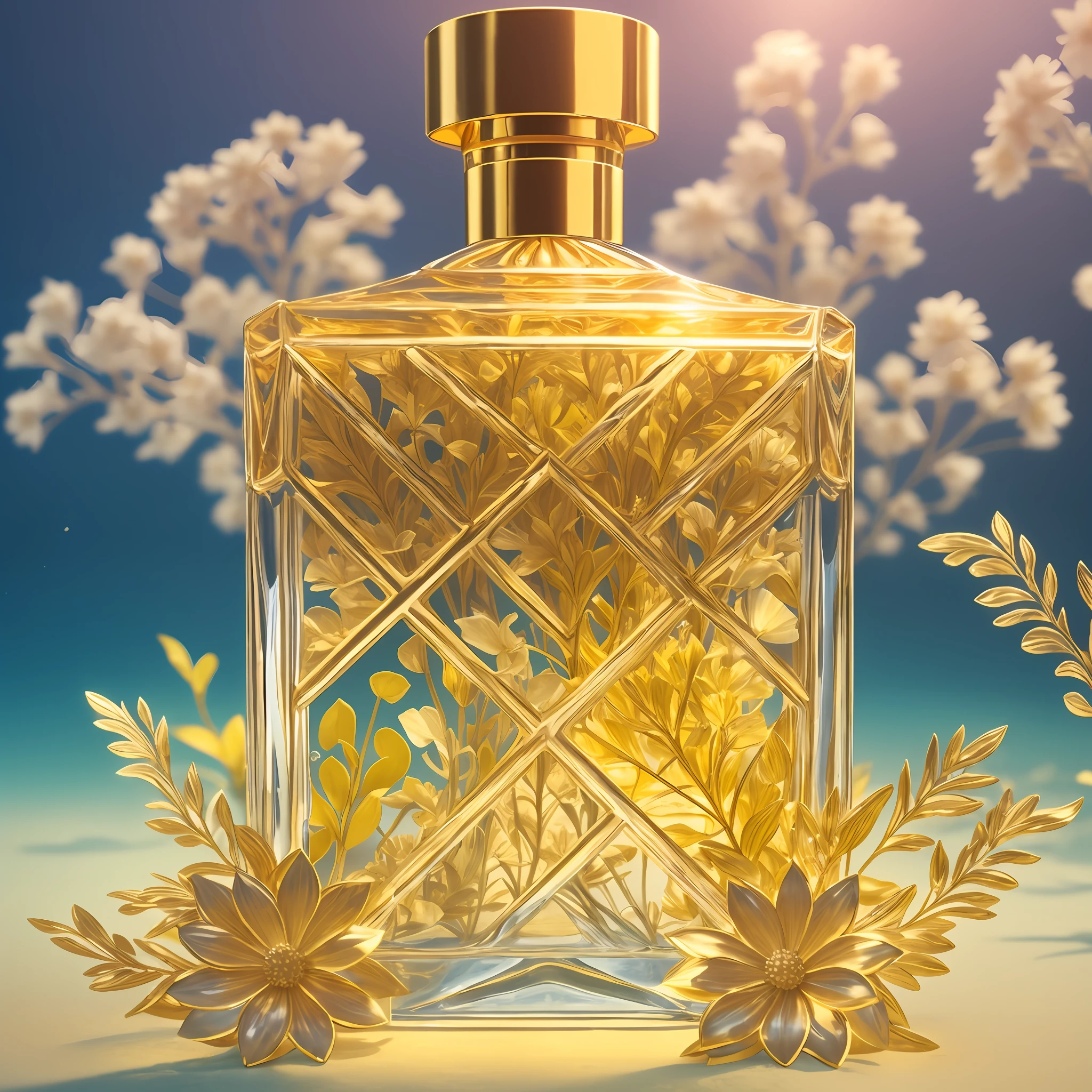 Product photography of a perfume bottle arranged with plants and flowers, professional lighting, golden water, underwater,branding seaart, diamond, realistic, light background, realistic 3D rendering, Dream, Disneyland, --v 6