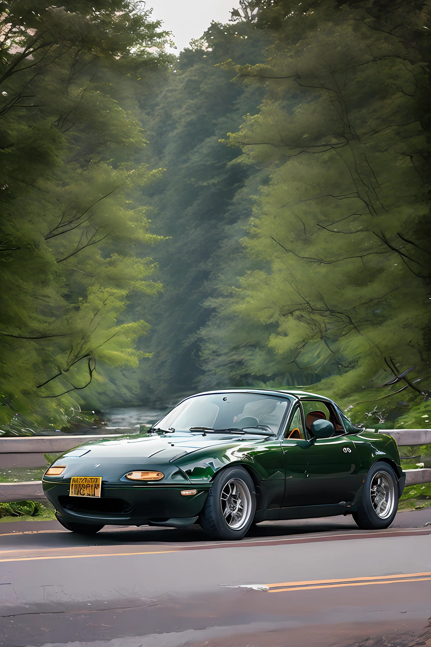Mazda miata, on the side of a scenic road in a virgin forest