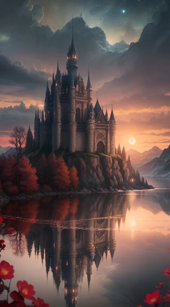 Masterpiece, best quality, high quality, extremely detailed CG unity 8k wallpapers, landscapes, perfect reflections, stunning water surfaces. outdoor, sky, clouds, dusk, no humans, castle, gothic, mountains, landscape, water, trees, blood moon, waterfall, cliff, nature, lake, river, cloudy sky, award photography, bokeh, depth of field , HDR, Bloom, Chromatic Aberration, Photorealistic, Very Detailed, Intricate, High Detail, Dramatic, Castlevania,