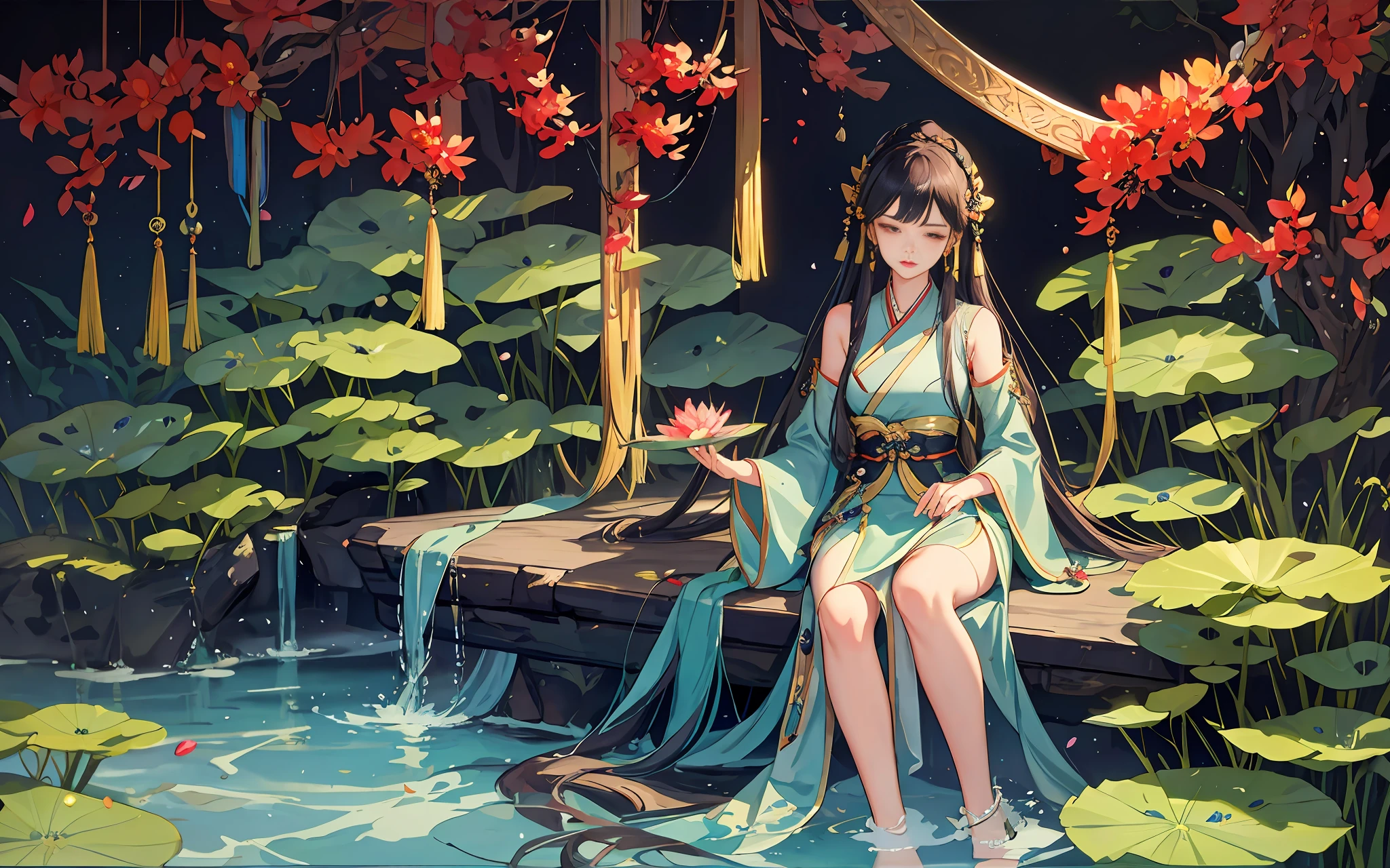 Dark green Hanfu, a woman, cool, fair skin, sea of flowers, pond, petals floating on the water, lily, clavicle, eyes closed, half submerged in water, dark background, moonlight, hairpin, jade pendant, Hanfu, delicate face, hair accessories, red lips, skirt, belt, jewelry, long hair, earrings, , hair strands, perfect body proportions, wet, slender legs, bridge