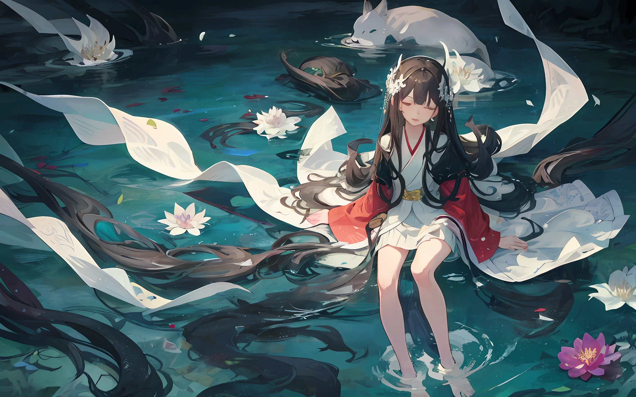 Dark green Hanfu, a woman, cool, fair skin, sea of flowers, pond, petals floating on the water, lily, clavicle, eyes closed, half submerged in water, dark background, moonlight, hairpin, jade pendant, Hanfu, delicate face, hair accessories, red lips, skirt, belt, jewelry, long hair, earrings, , hair strands, perfect body proportions, wet, slender legs, bridge