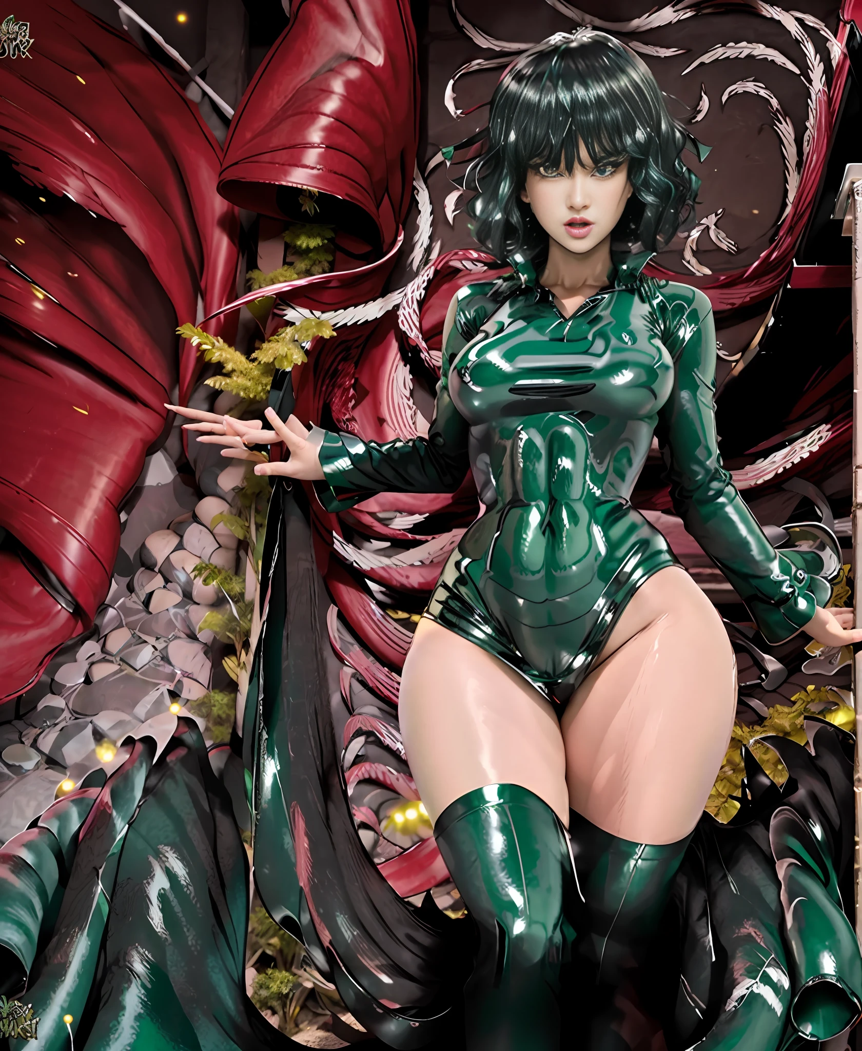 Transparent clothes. Green hair, green hair, green hair. Plump thighs, clamping thighs, hands stretched upwards, face and body facing the audience, slender waist, tornado, flat chest, black skirt, pelvic curtain (tatsumaki: 1.7), girl trasparent black latex dress, long sleeves, thick thighs, Wide hips, green light, pot curtain, green halo, see-through clothing, no, cameltoe, 1girl, Chen Juan, green hair, green eyes, dress, solo, black dress, big breasts, small breasts, thighs, curly hair, belly button covered