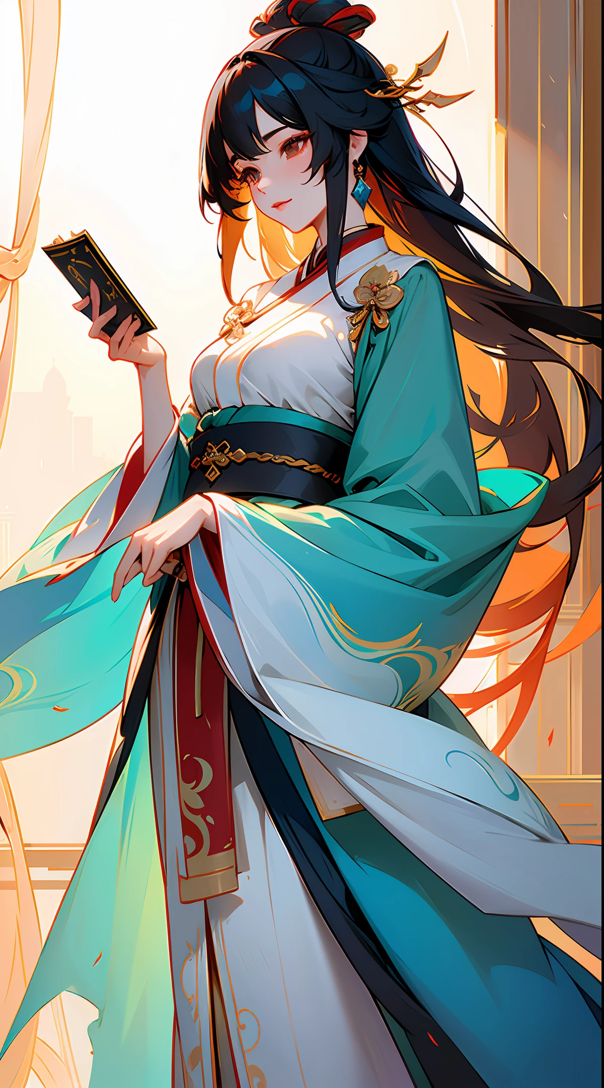 there is a woman standing in a room with many decorations, palace , a girl in hanfu, a beautiful fantasy empress, ross tran 8 k, cgsociety and fenghua zhong, digital fantasy art ), beautiful digital artwork, ethereal fantasy, fantasy art behance, elegant cinematic fantasy art, chinese fantasy, by Russell Dongjun Lu, by Yanjun Cheng
