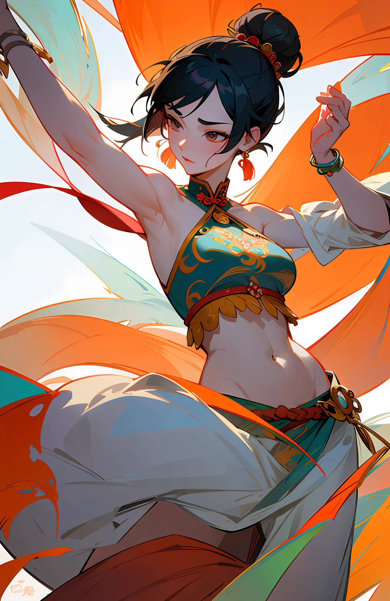 An ancient Chinese beauty in a dancing pose, gorgeous costumes embroidered with intricate embroidery, flowing tulle, transparent long colorful streamers tied around her arms, showing her navel, shoulders, and neck, black hair in a high bun Flower hairpin, streamers on armbands, wreath rings, bracelets, anklets, metal chain tassels on the waist, Mogao Grottoes art, Dunhuang Flying Apsaras mural inspiration, ink, cgstation popular, masterpiece, recent quality, 32K