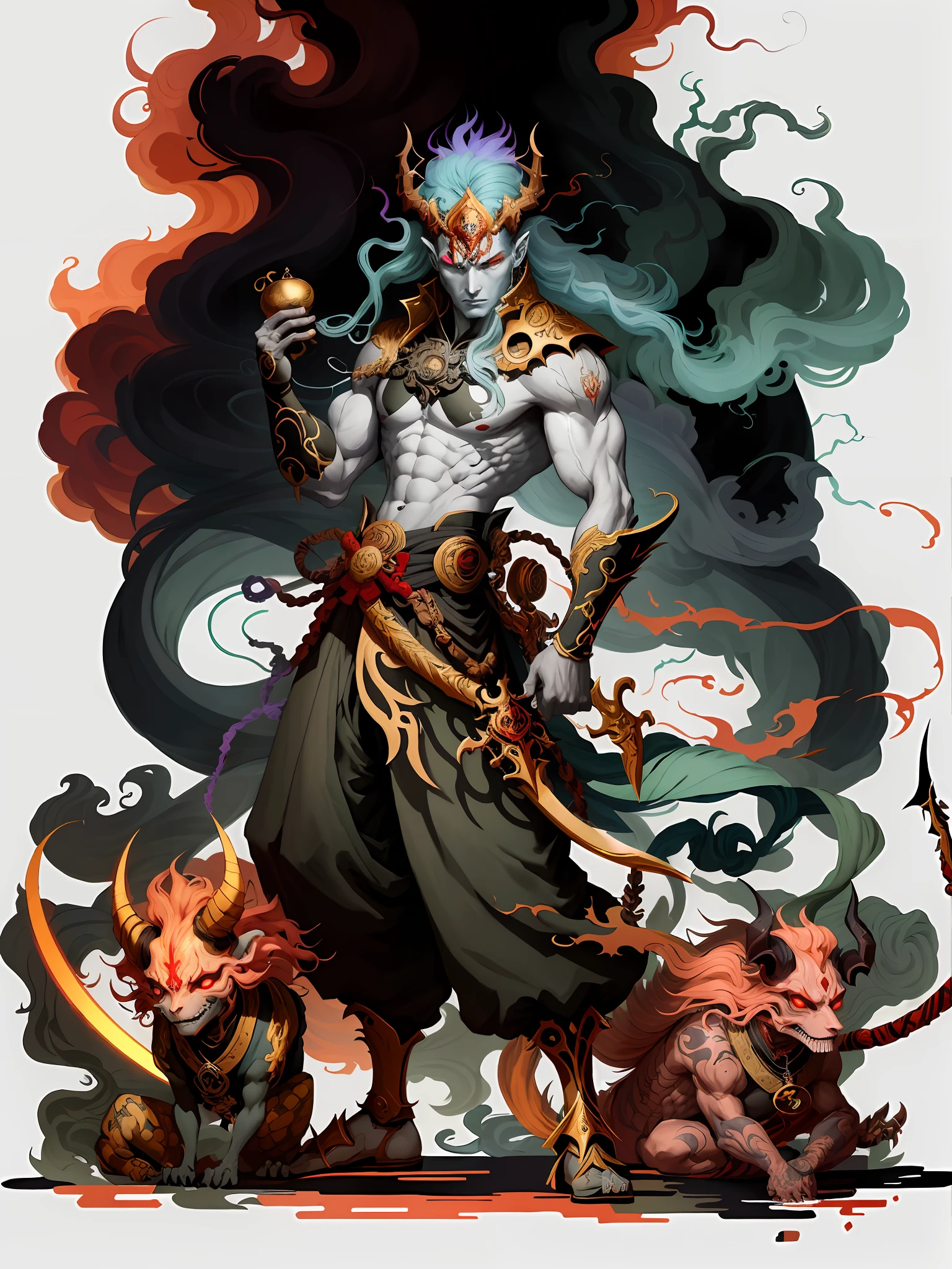 a drawing of a man with a sword and a demon, beautiful male god of death, mohrbacher, inspired by Shunkōsai Hokushū, in the art style of mohrbacher, asura from chinese myth, the god of chaos, inspired by Ryūkōsai Jokei, in style of peter mohrbacher